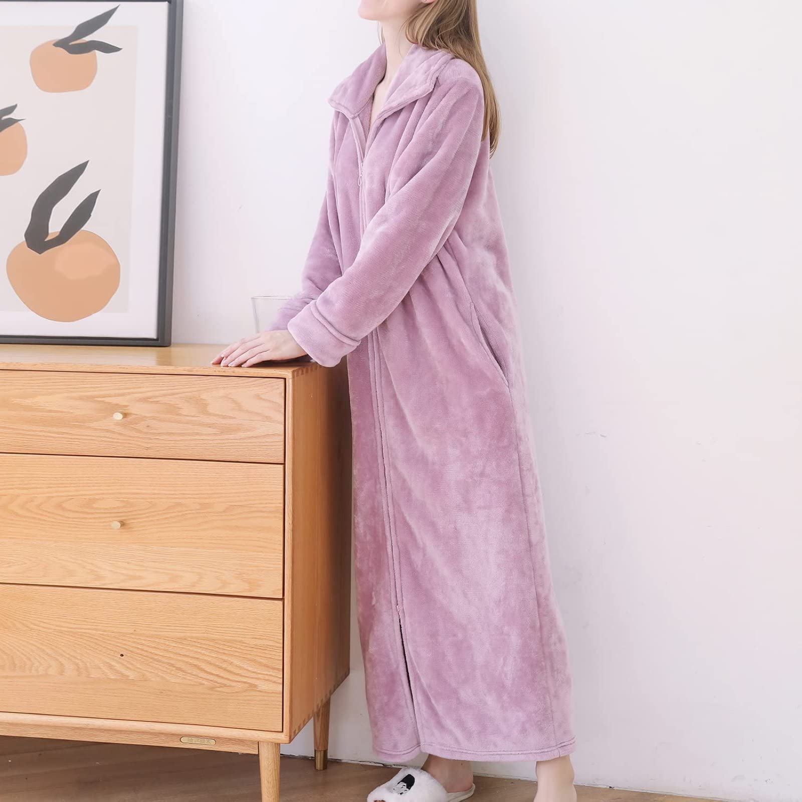 Damski szlafrok polarowy pluszowy długi zamek błyskawiczny przedni szlafrok z kieszeniami ciepłe miękkie szlafroki zapinane na zamek błyskawiczny dla kobiet