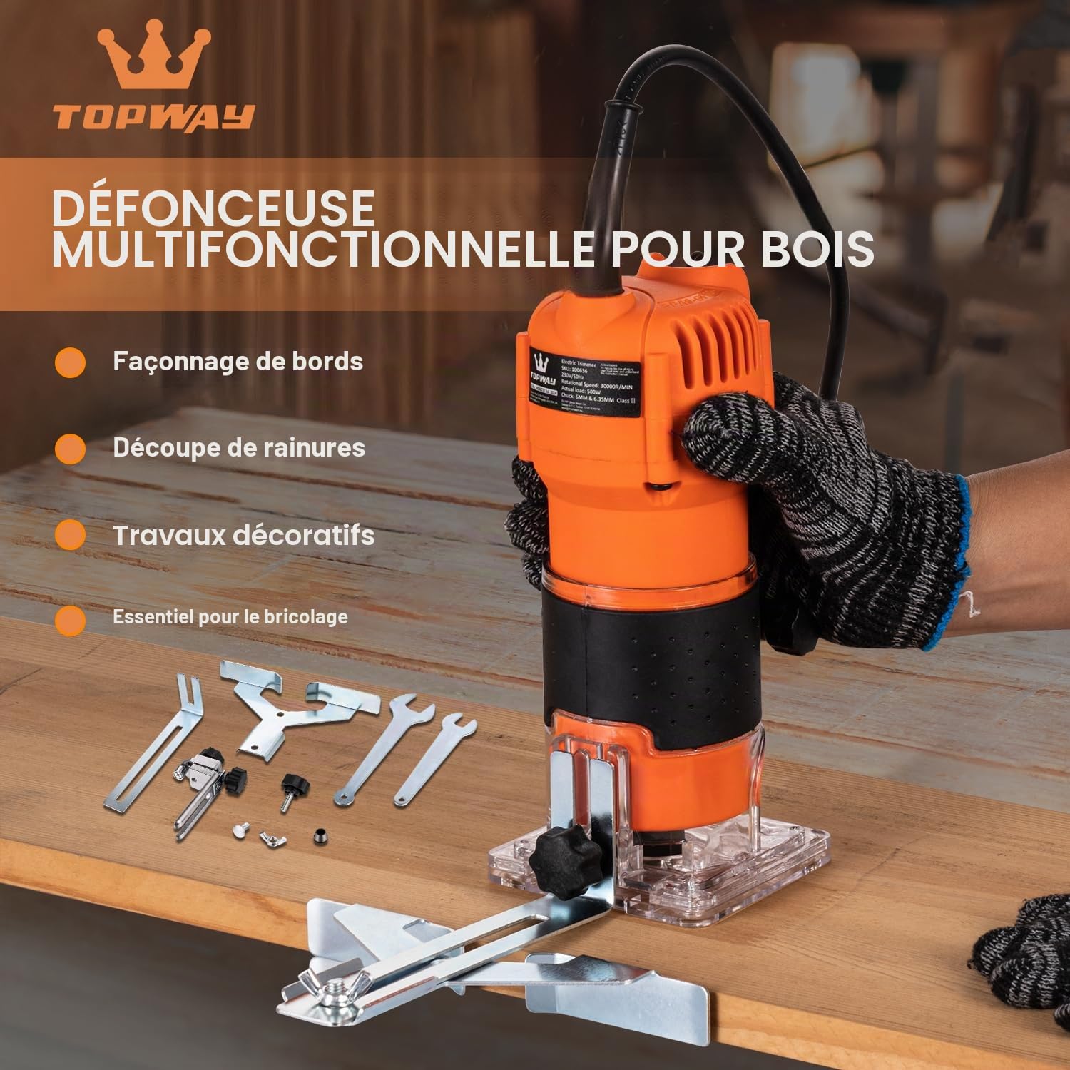 TOPWAY Défonceuse Électrique à Main 500W, Compacte avec 2 Mandrins de 1/4" et 6mm, Base pour Défonçage pour Bricolage en Menuiserie (Budget) 100636