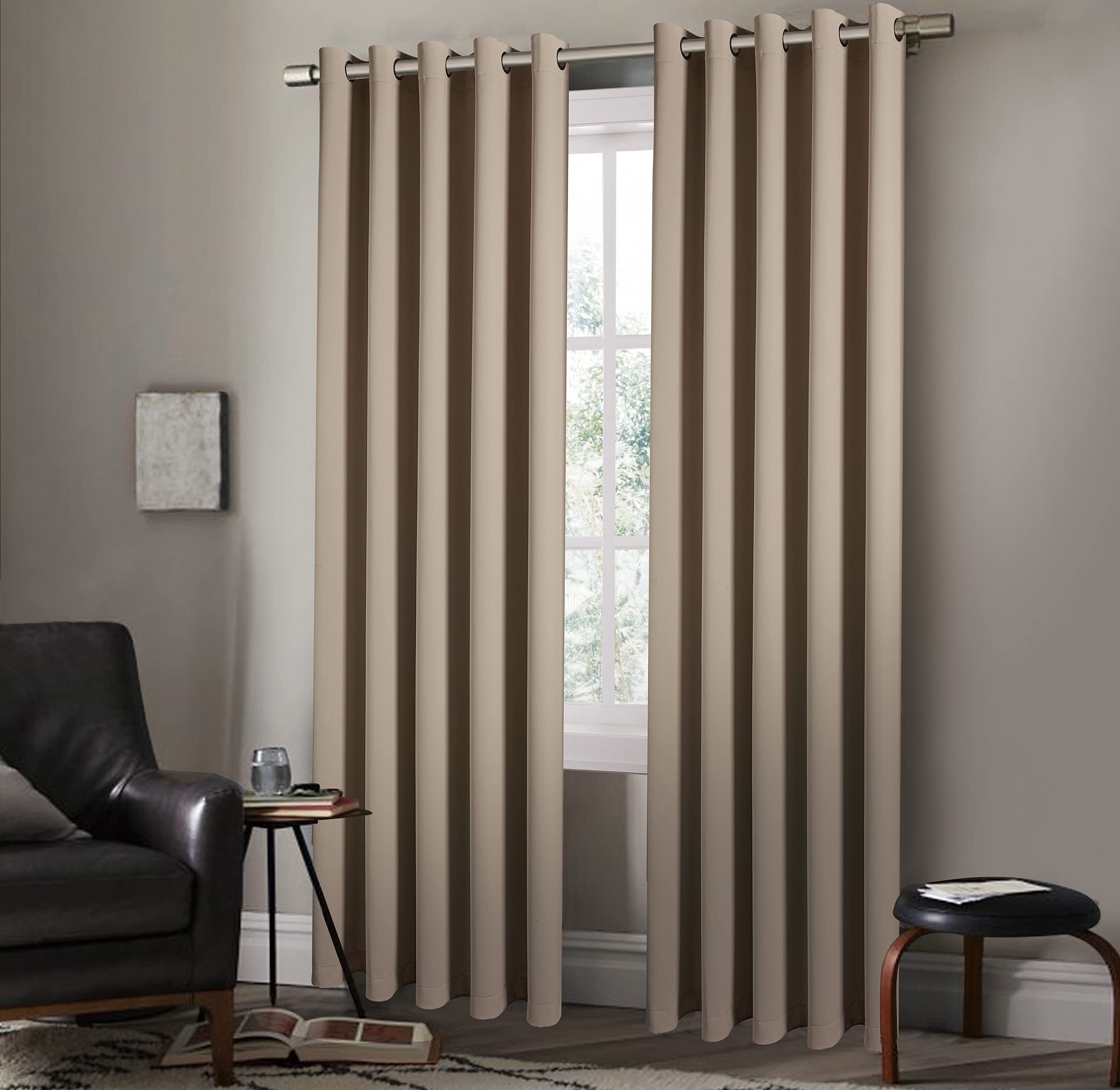 StylemyBedroom Pair of Eyelet Ring Top Thermal Blackout Curtains with Tie Backs – Plain, Insulated, Energy-Efficient, Light-Blocking, Noise-Reducing, Lined Design (Beige, 46" x 54" (116x137cm)) — image 1
