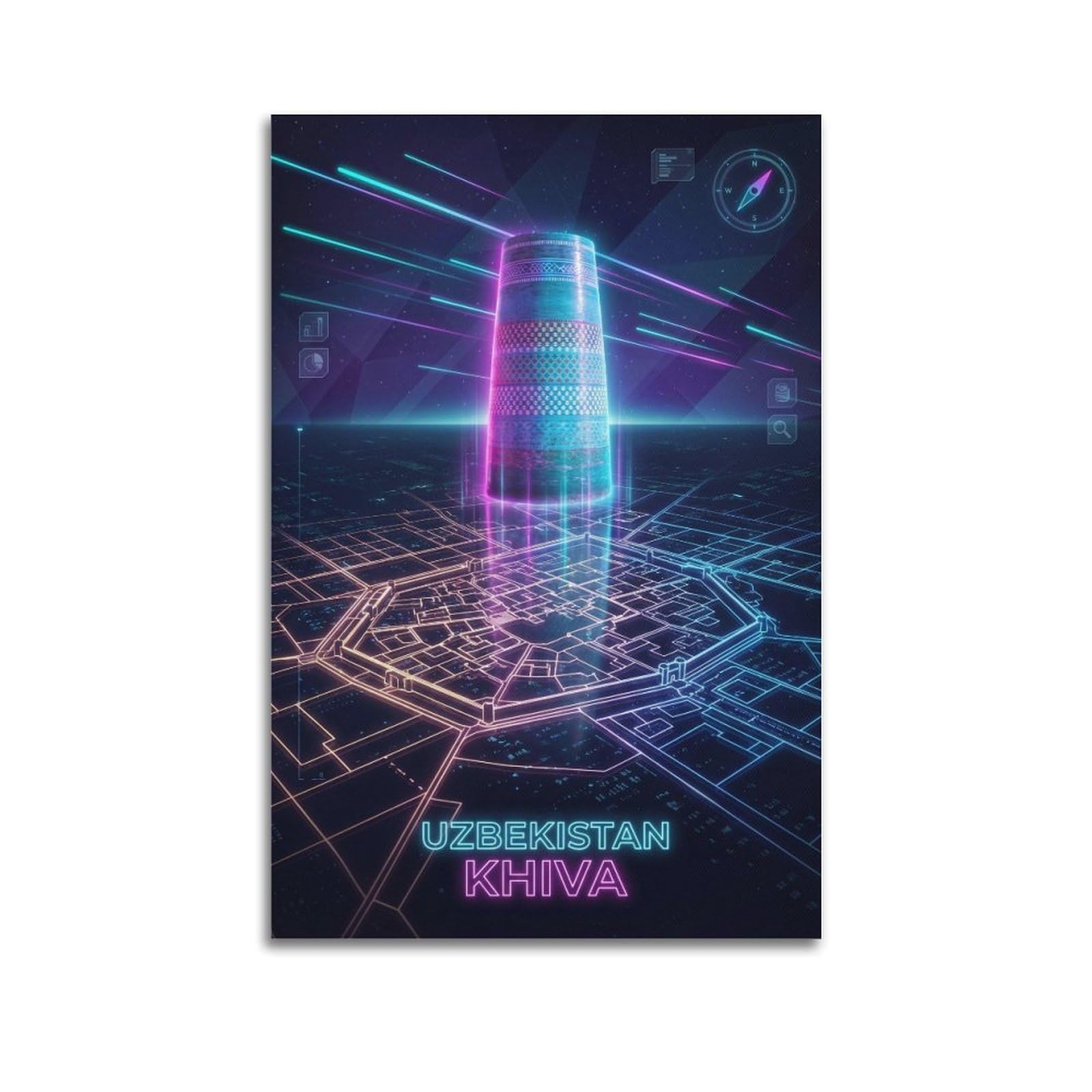 XKUGA Uzbekistan Kalta Minor Neon City Synthwave Map Poster Modern Decorative Canvas Prints - Ideal Wall Art for Family, Man Cave, Game Room, Boys & Girls Bedroom 24x36inch(60x90cm)
