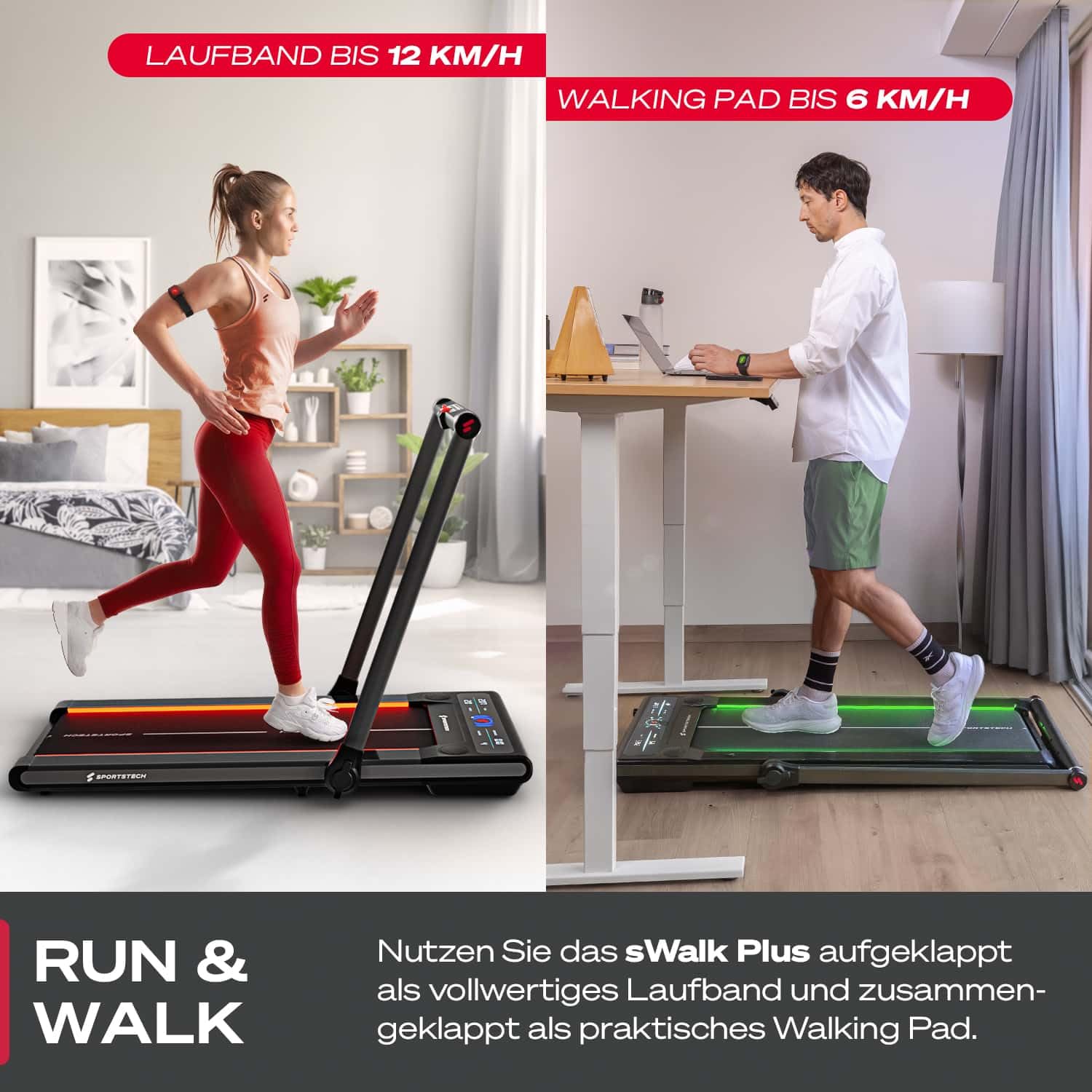 Sportstech sWalk Plus 2in1 Walking Pad klappbar bis 12 km/h, Laufband für Zuhause klappbar, Walking Pad mit Steigung, LED, Bluetooth App, 3,5 PS Motor, bis 130 kg, Laufband für Zuhause