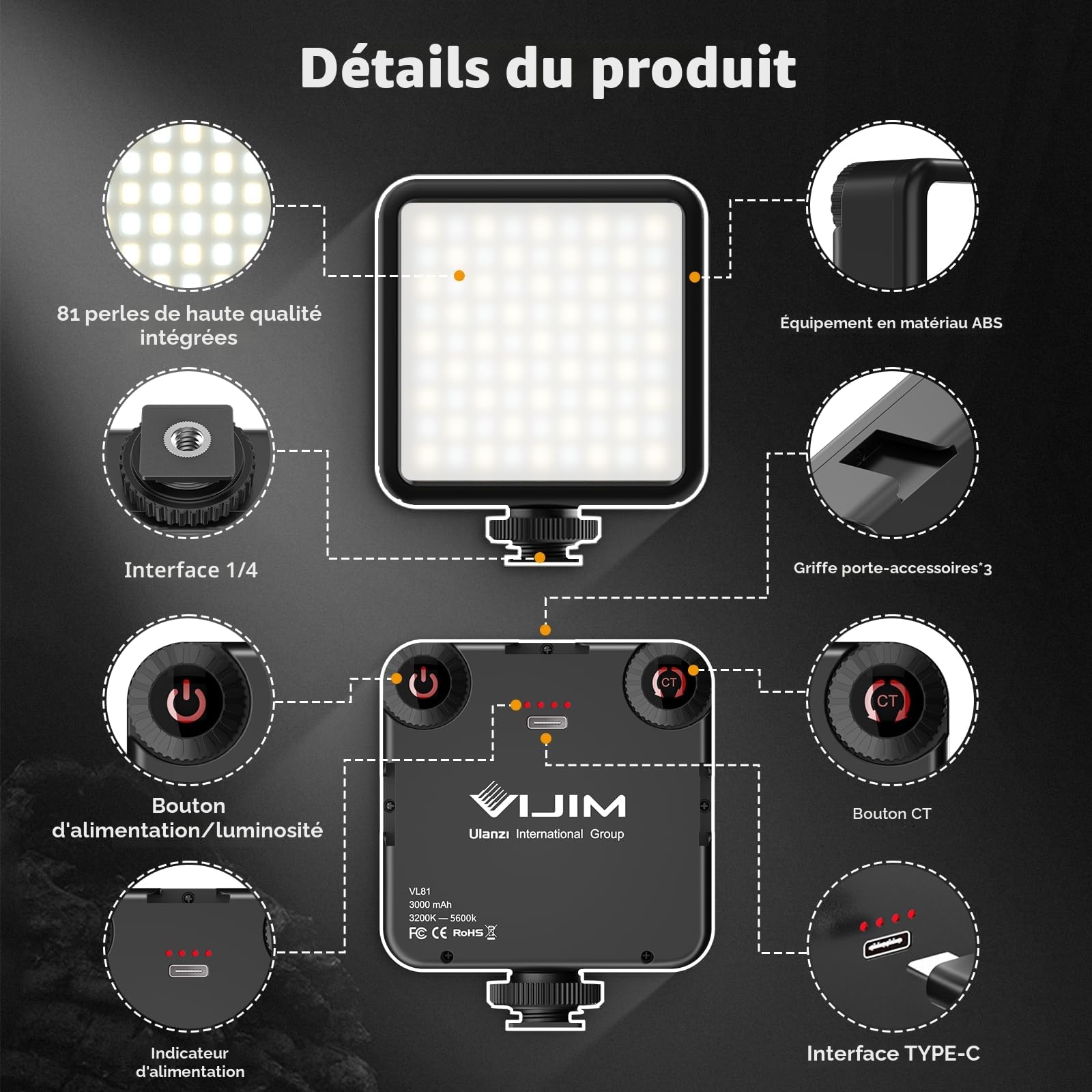 Lumière Caméra, LED Lampe avec 3 Cold Shoe, Eclairage Video Rechargeable 3000mAh, Lumiere Photo Professionnelle CRI95+Dimmable 3200K-5600K pour Tournage Vlog VL81 LED USB