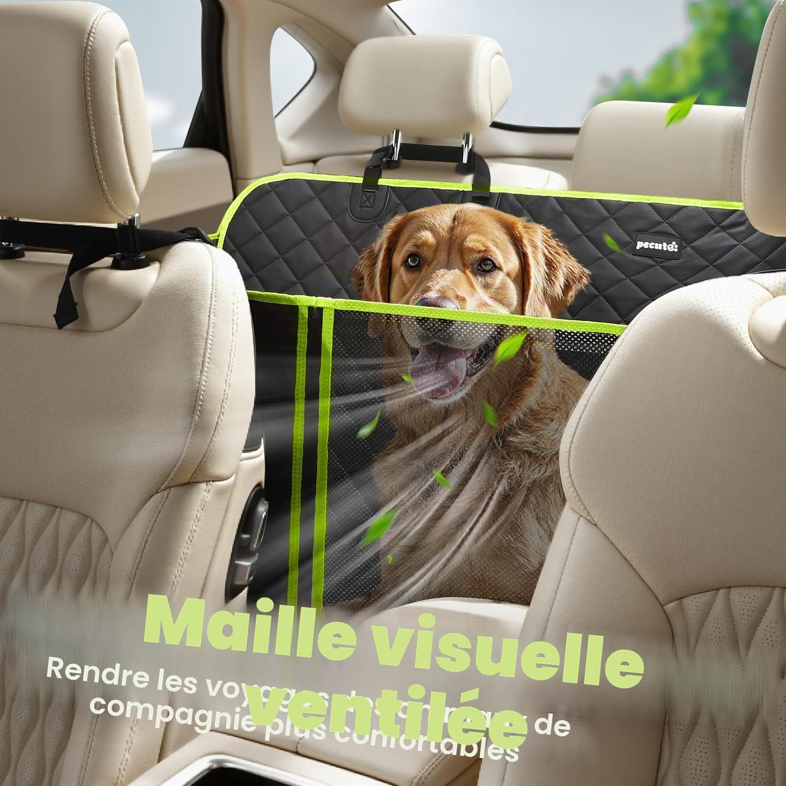Pecute Protection Voiture Chien 136x60 cm – Housse Banquette Arrière en Cuir PU Étanche, Ailes Latérales Mobiles Anti-Griffures, Base Rigide Support 150 kg, Nettoyage, Faciletransport Chien Voiture