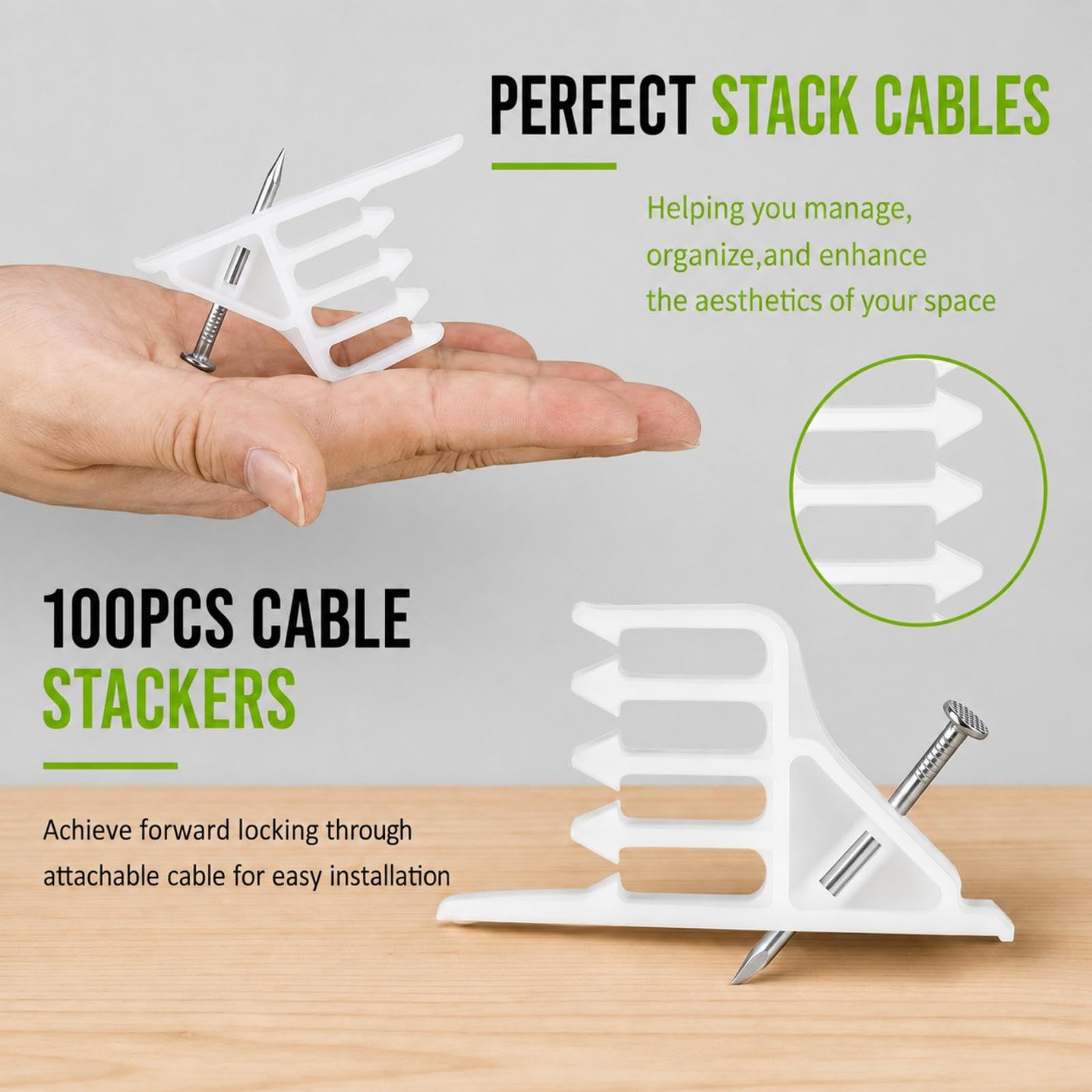100 Pcs Cable Stacker Wire Staples, Plastic Clips with Nail, White — Amazon image 3