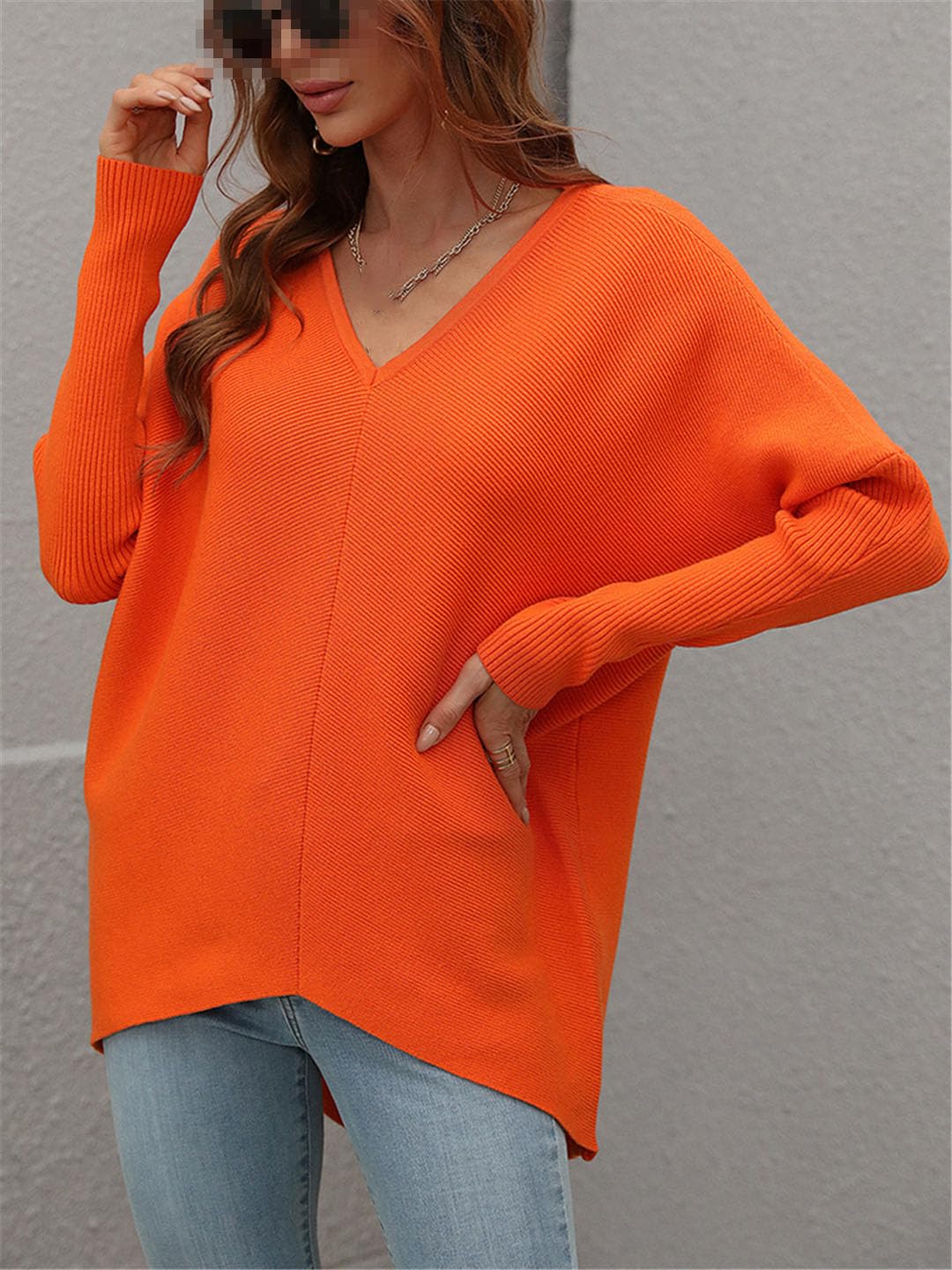 Vogrtcc Damski sweter oversize z dekoltem w serek zimowy luźny sweter z dzianiny