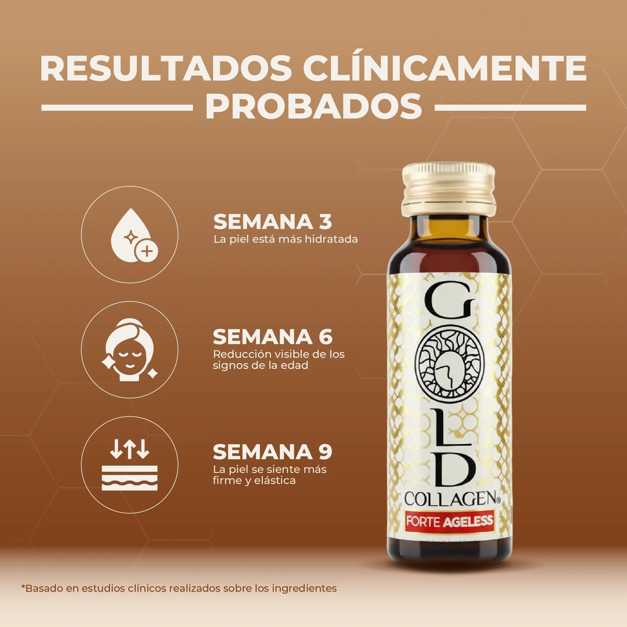 GOLD COLLAGEN Forte Ageless - Complemento Colágeno Marino Hidrolizado (12gr) con Ácido Hialurónico Antiarrugas, Pro Retinol, Vitamina C, D, Biotina, Coenzima Q10, Elastina Reduce Líneas Finas, 10x50ml