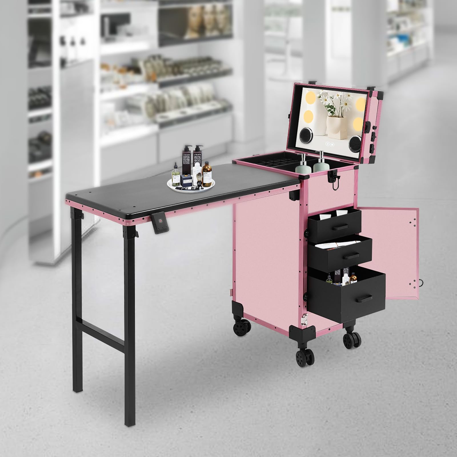Professioneller Kosmetikkoffer Trolley 2 In 1 Schminkkoffer mit Tisch Bis 50KG Maniküre Tisch mit 3 Schubladen, LED Spiegel, 4 Rollen Multifunction Kosmetik Koffer Friseurkoffer (Rosa)