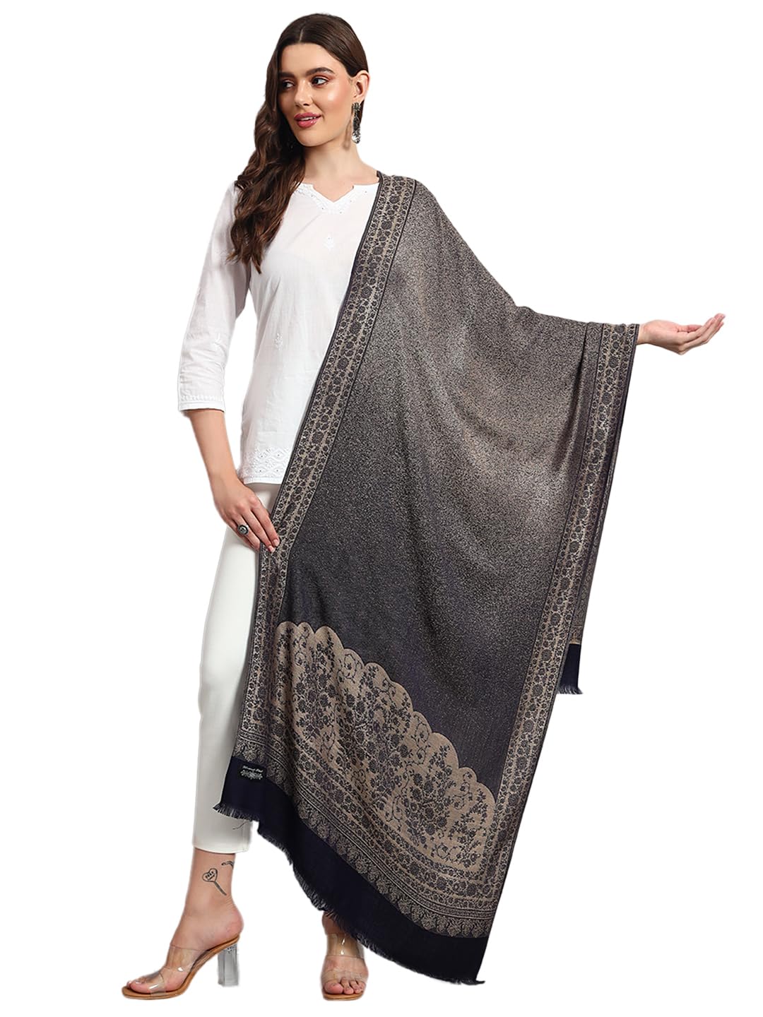Pure Wool Jamawar Floral Stole, Soft and Warm Winter Shawl, Scarf Wrap Faux Pashmina (80L x 30W Inch)-image-45