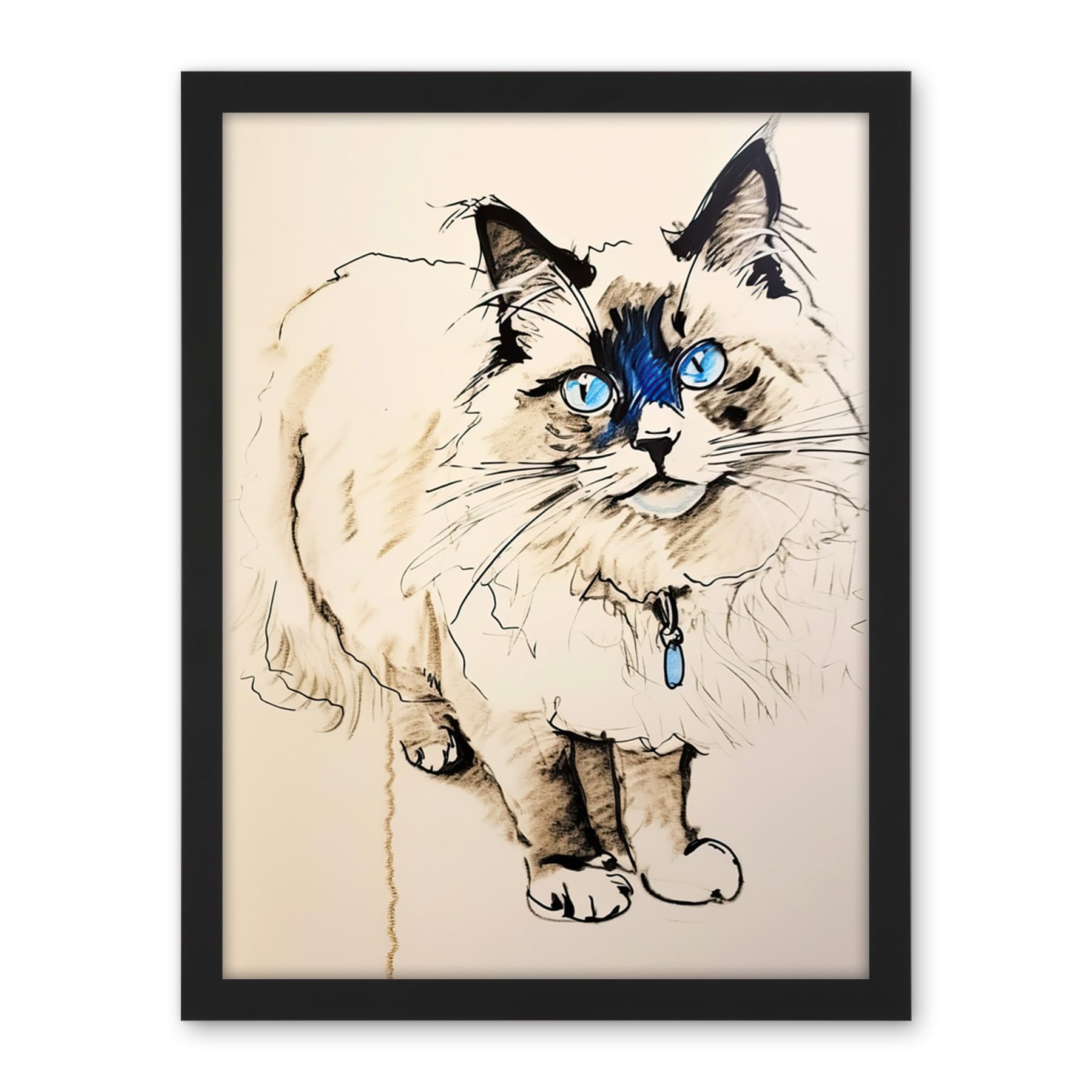 Artery8 Blue Point Ragdoll Cat Sketch Drawing Portrait Artwork Framed Wall Art Print 18X24 Inch