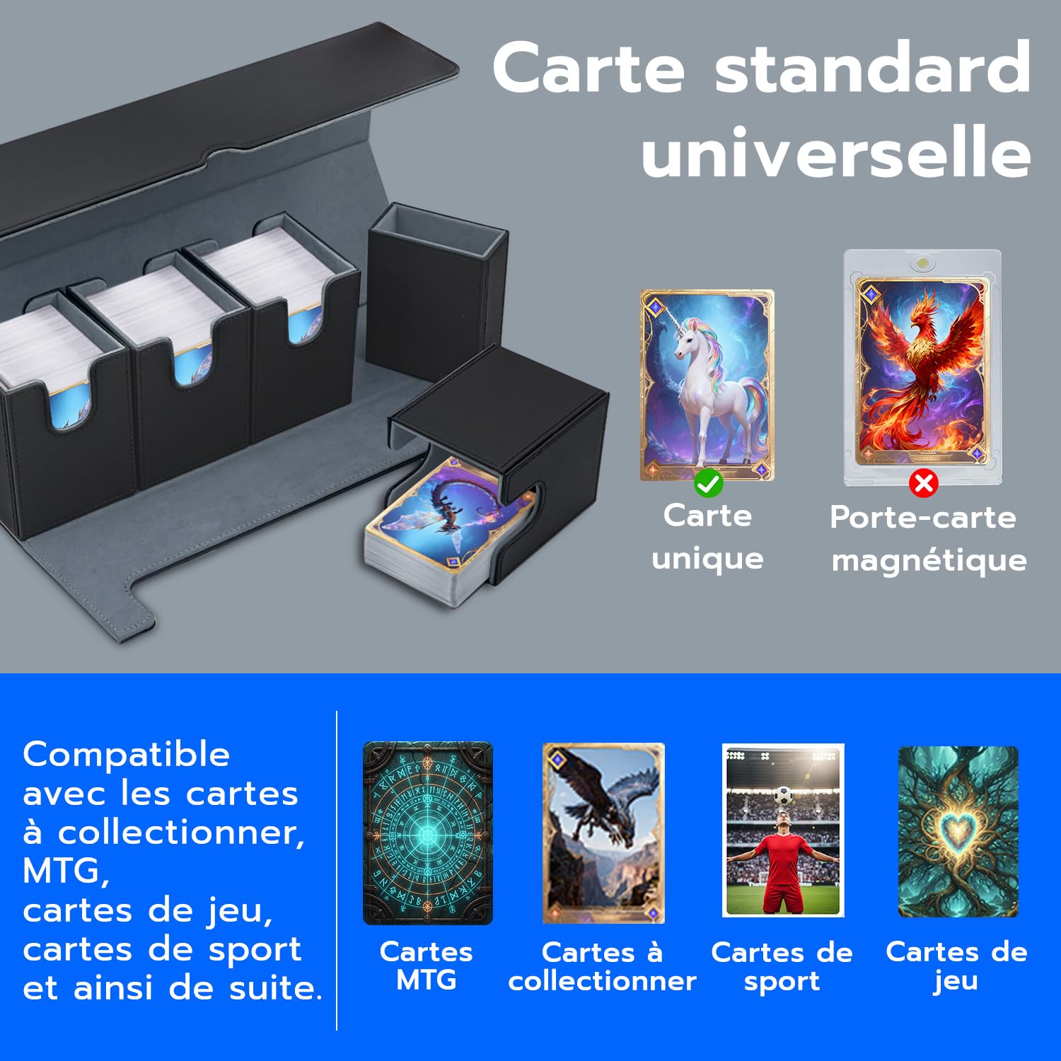 Organisateur de Bureau 5-en-1 en Cuir PU, Boîte de Rangement Magnétique Élégante pour Cartes 800+ TCG et Petits Objets, Coffret de Collection Décoratif pour Maison et Bureau - Noir