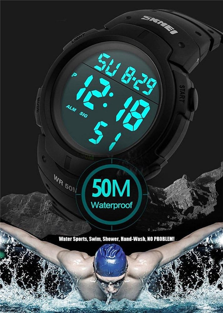 SKMEI Digital Sports Watch with a graphic indicating 50M Waterproof, and an image of a person swimming, illustrating its water resistance.