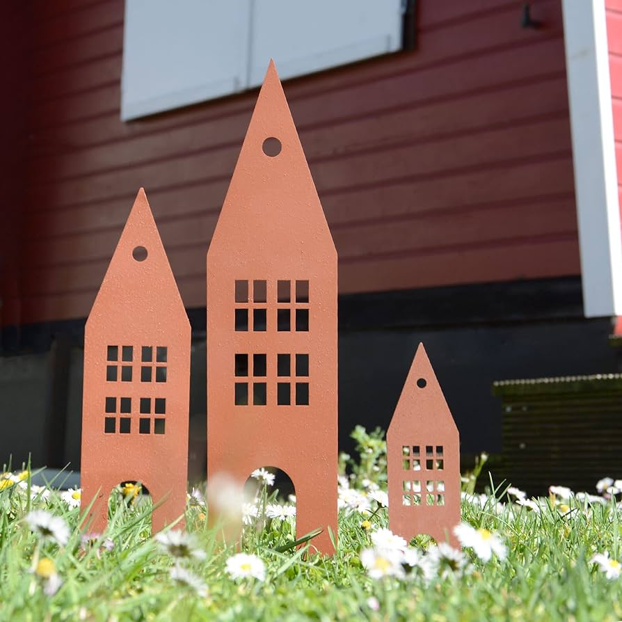 UNUS Set di 3 decorazioni da giardino per chitarre e violino da giardino, effetto ruggine, spina in metallo arrugginito, decorazione per giardino, terrazza, balcone, vaso da fiori