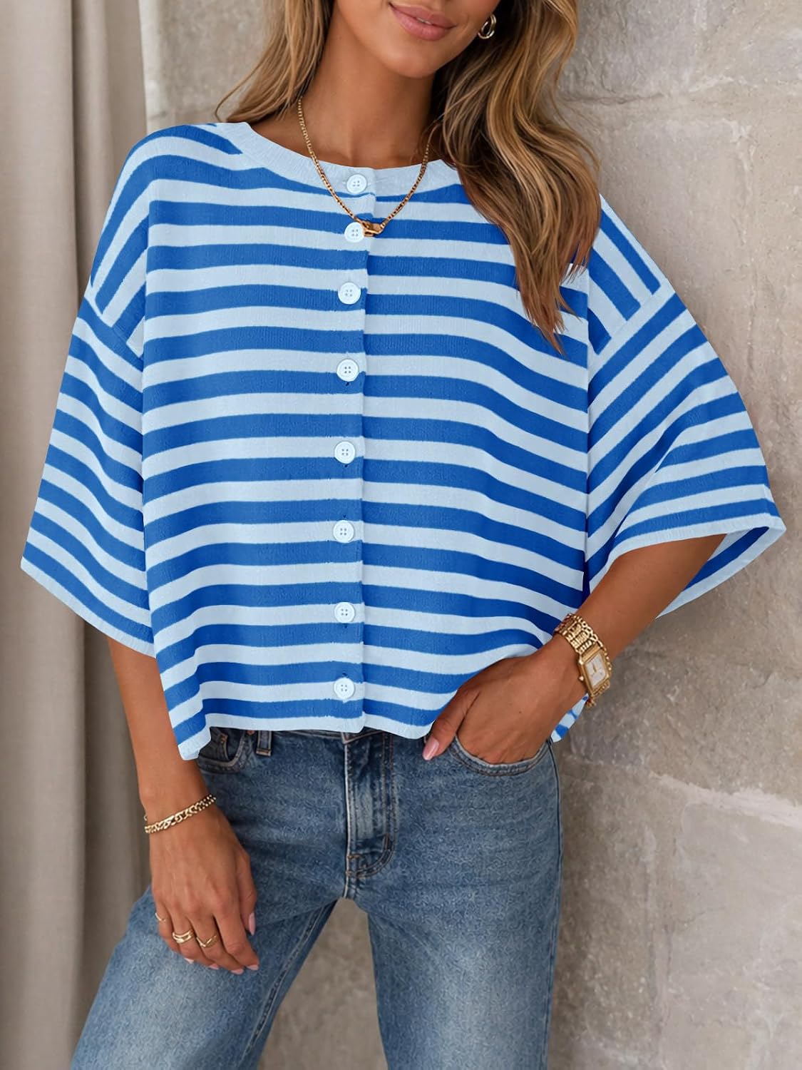 Saodimallsu Womens Short Sleeve Cardigan Cropped Striped Button Down Oversized Lightweight Knit Summer Sweater Tops