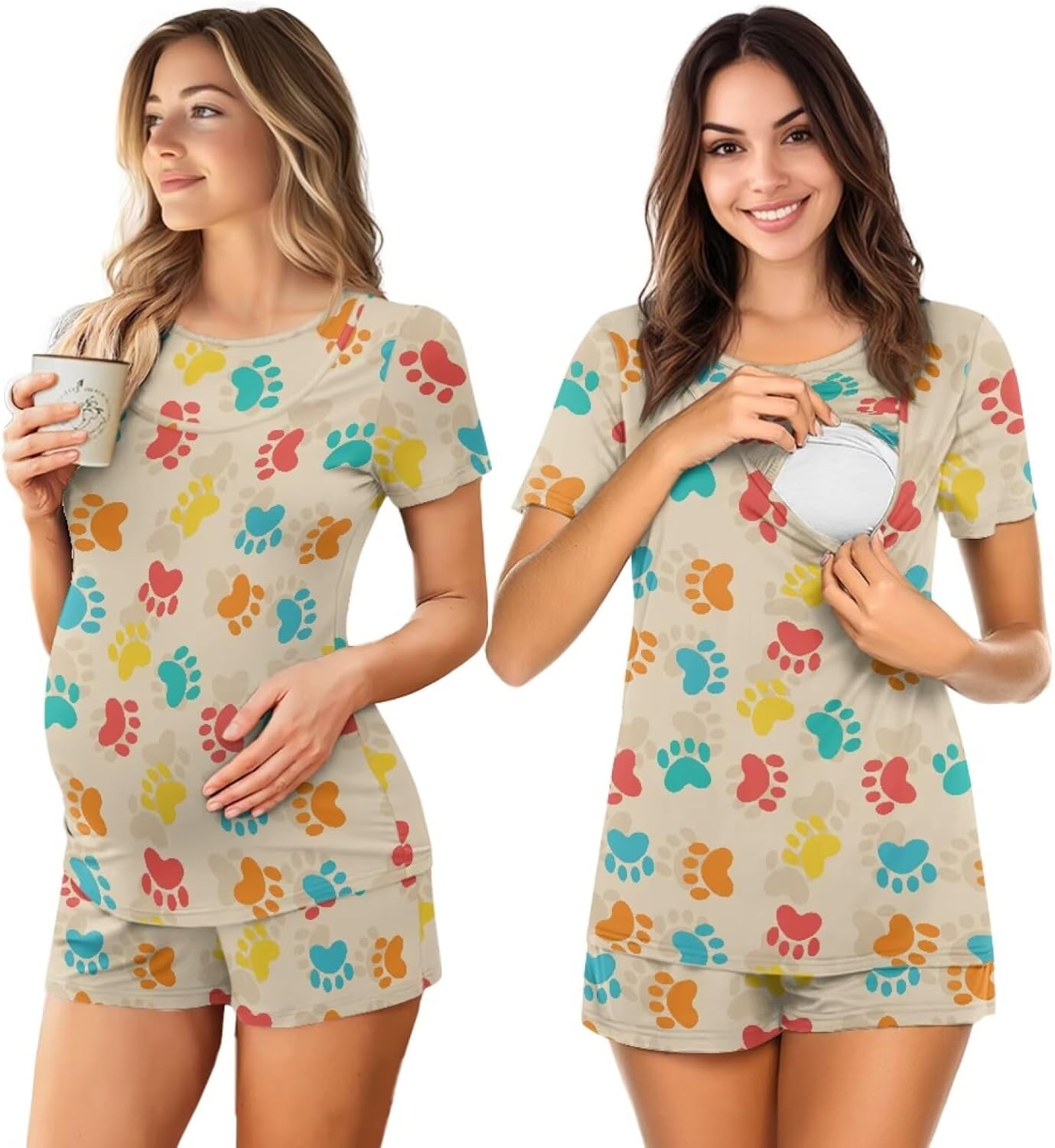 Xoenoiee Women Maternity Nursing Pajama Set Breastfeeding Double Layer Pjs 2Pcs Set Short Sleeve Postpartum Sleepwear