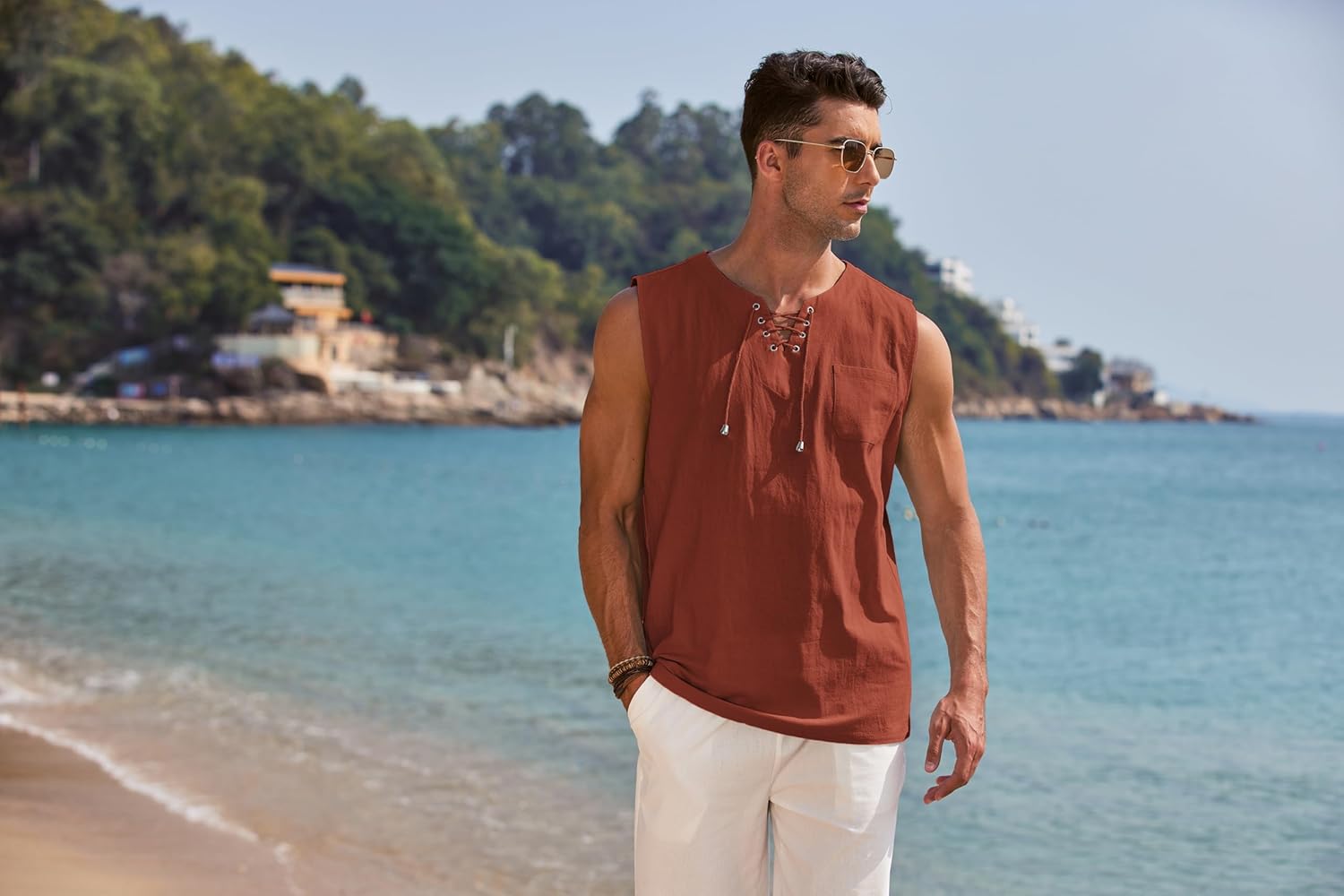 COOFANDY Men's Cotton Linen Tank Top Shirts Casual Sleeveless Lace Up Beach Hippie Tops Bohemian Renaissance Pirate Tunic - Image 4