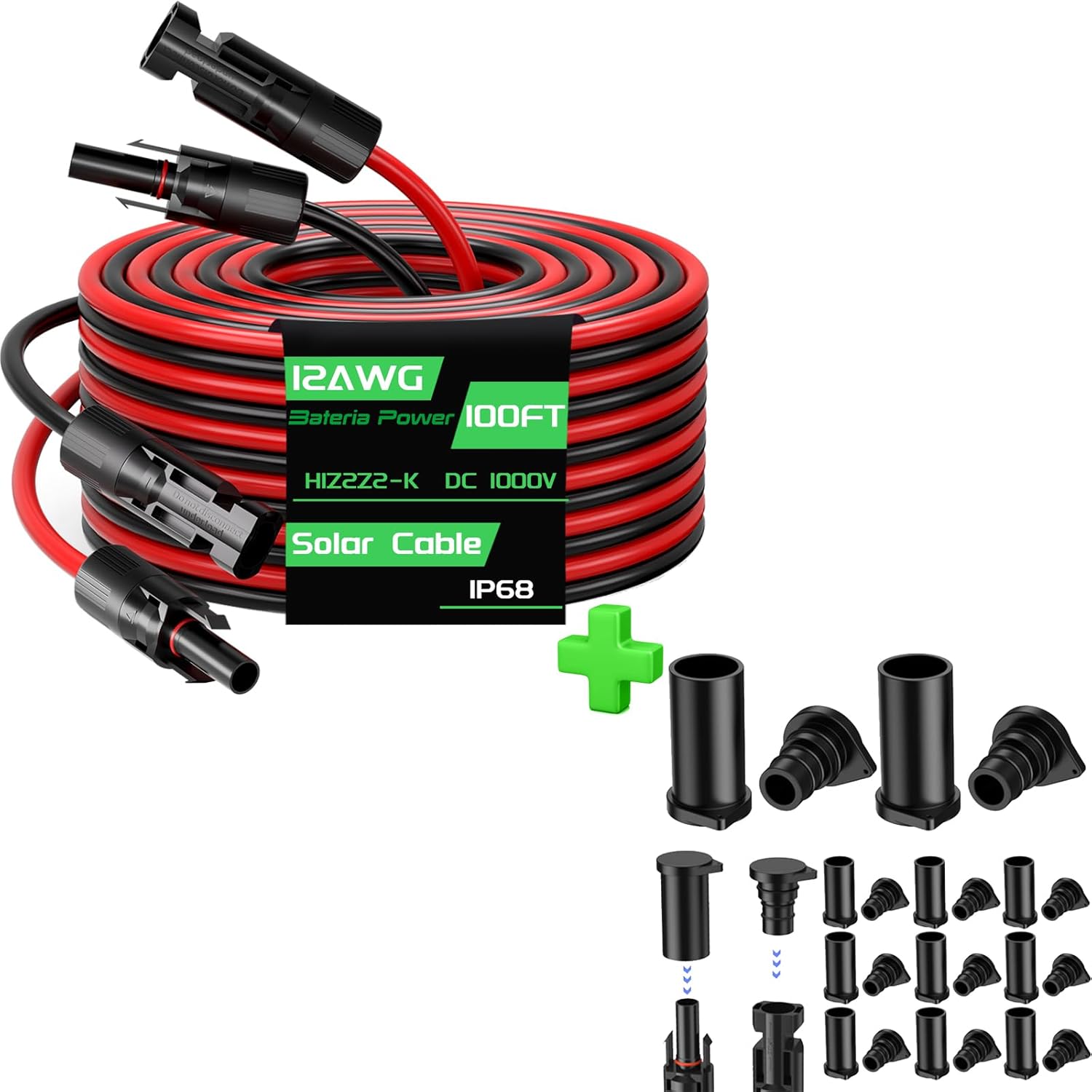 Bateria Power 1 Pair 100FT 12AWG Solar Panel Extension Cable with 12 Pairs Solar Connector Caps