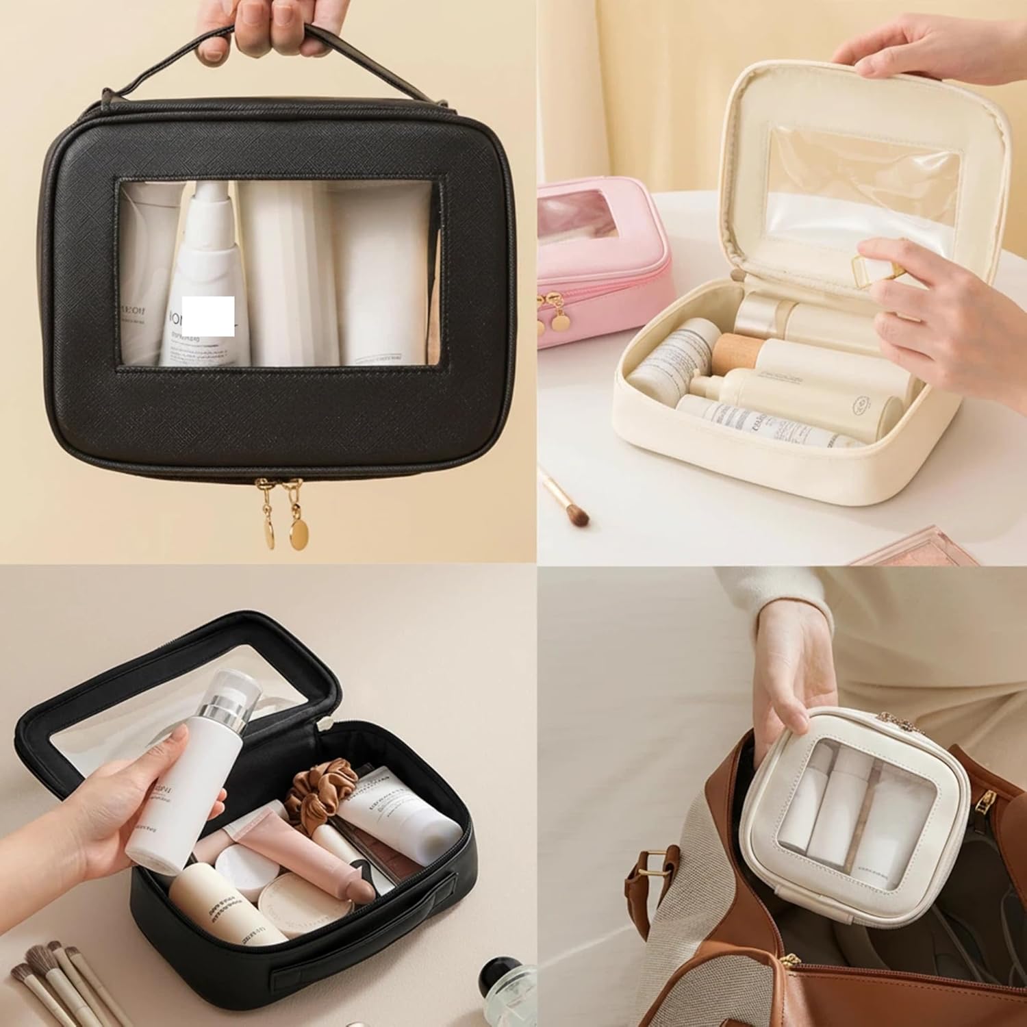 2 Complete Sets of 3-Size Makeup Bags | Premium Transparent & Waterproof Cosmetic Organizer Storage Bag | Travel Toiletry & Skincare Storage Set (White+Black, L+M+S)