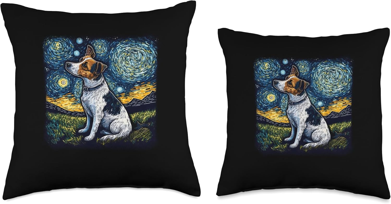 Dog in starry night van gogh Jack Russell Terrier Throw Pillow
