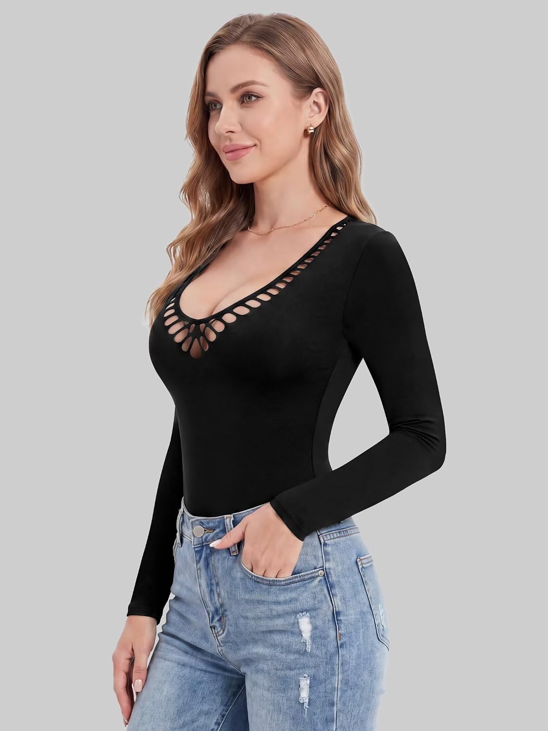 Sunzel Women's Long Sleeve Bodysuit Deep Scoop Neck Cutout Detail Slim Fit Thong Bottom Pull On Silky Nylon Spandex Leotard