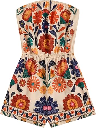 SweatyRocks Womens Off Shoulder Floral Print Playsuit Strapless Romper