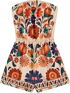Women's Off Shoulder Floral Print Playsuit Strapless Romper Short Jumpsuit