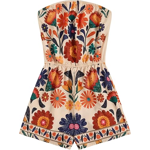 SweatyRocks Women's Off Shoulder Floral Print Playsuit Strapless Romper Short Jumpsuit