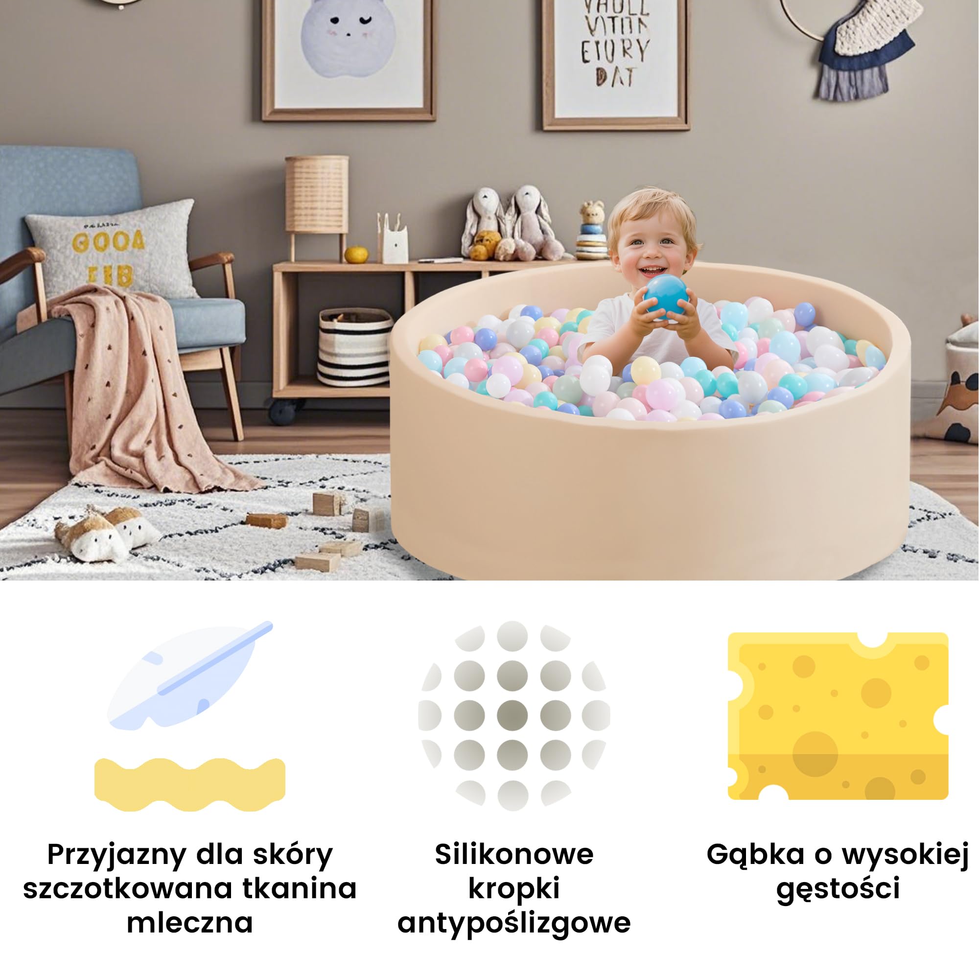 Zedachica Piscine à balles bébé 120x40 cm en Mousse, Ronde, sûre dès 1 an, pour intérieur et extérieur, Beige, sans balles