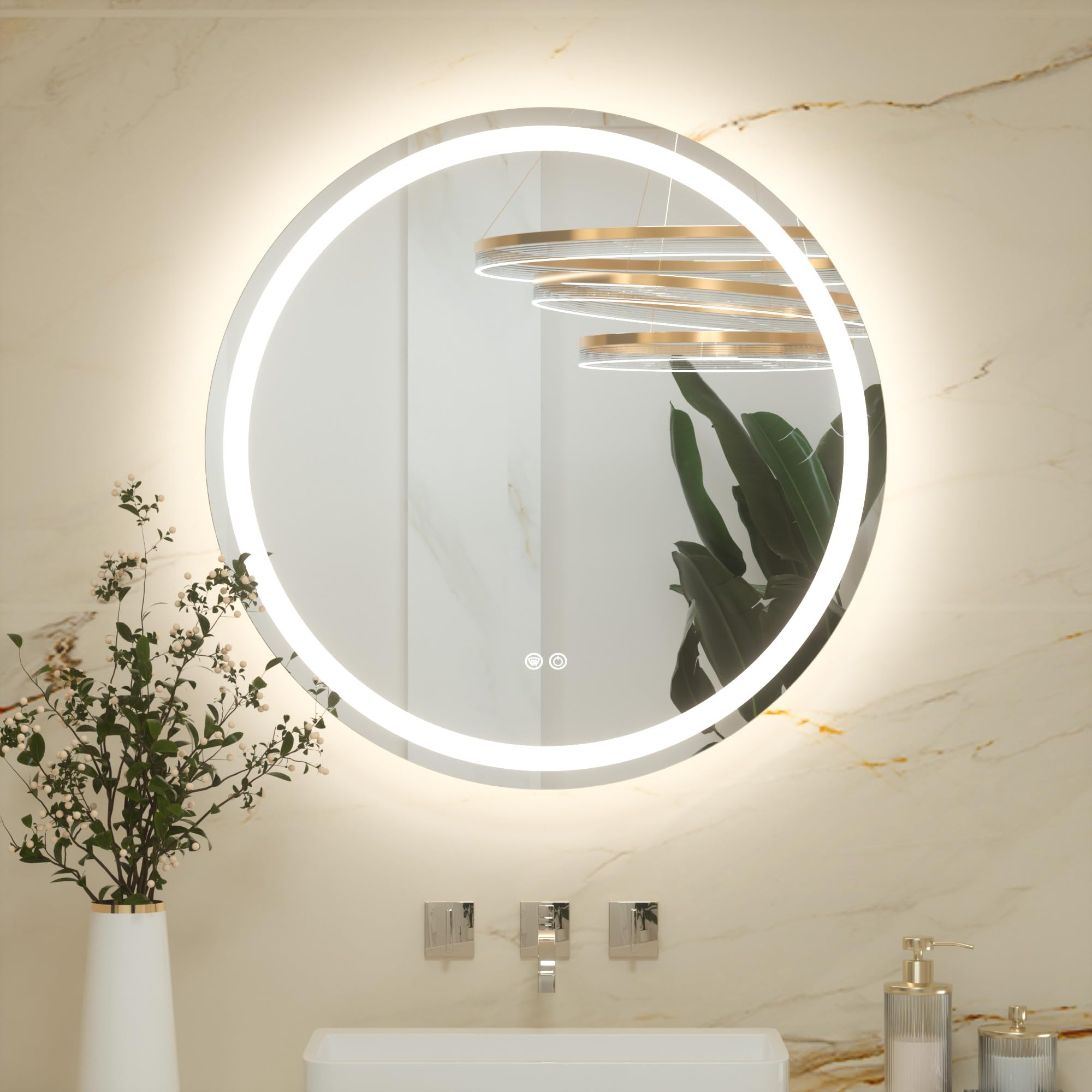 Keonjinn 70cm Round Bathroom Mirror with LED Lights, Illuminated Light Up Bathroom Mirror with Back and Front Lit Light, Anti-Fog Wall Mounted Vanity Mirrors 3 Colors Dimmable, Memory Function