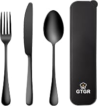 Portable Travel Utensils Set with Case 18/8 Stainless Steel Black Silverware Sets Include Knife Fork and Spoon with Case Reusable Utensil Set for Lunch Box and Camping (Black)