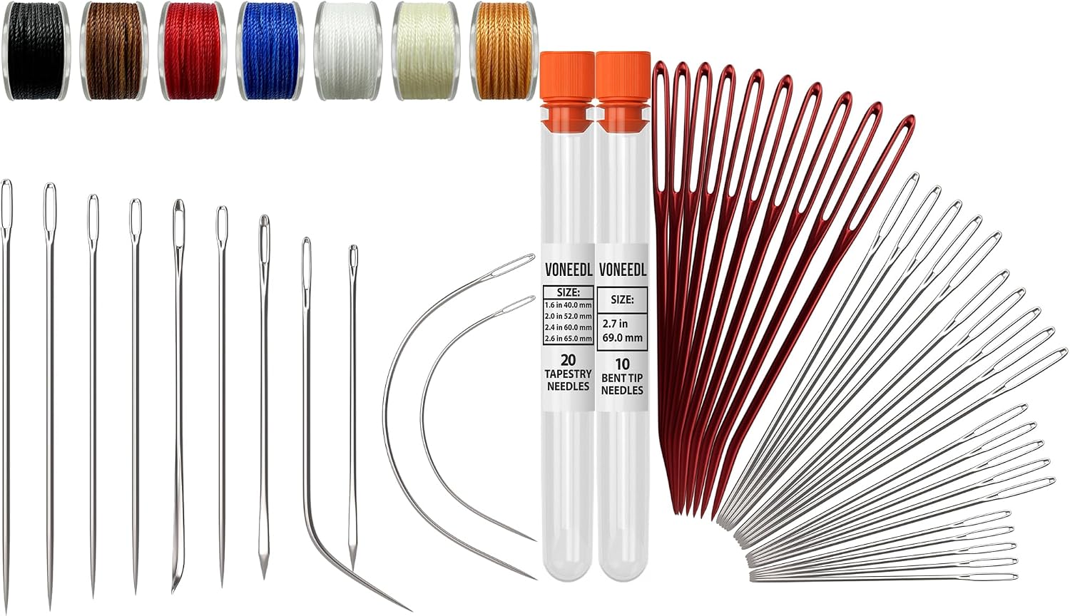 Waxed Sewing Thread (7 Colors), Heavy Duty Needles (11 PCS) Large Eye Tapestry Needles (30 PCS) - Durable Hand Sewing Needles with Thread - Suitable for Leather, Canvas & More