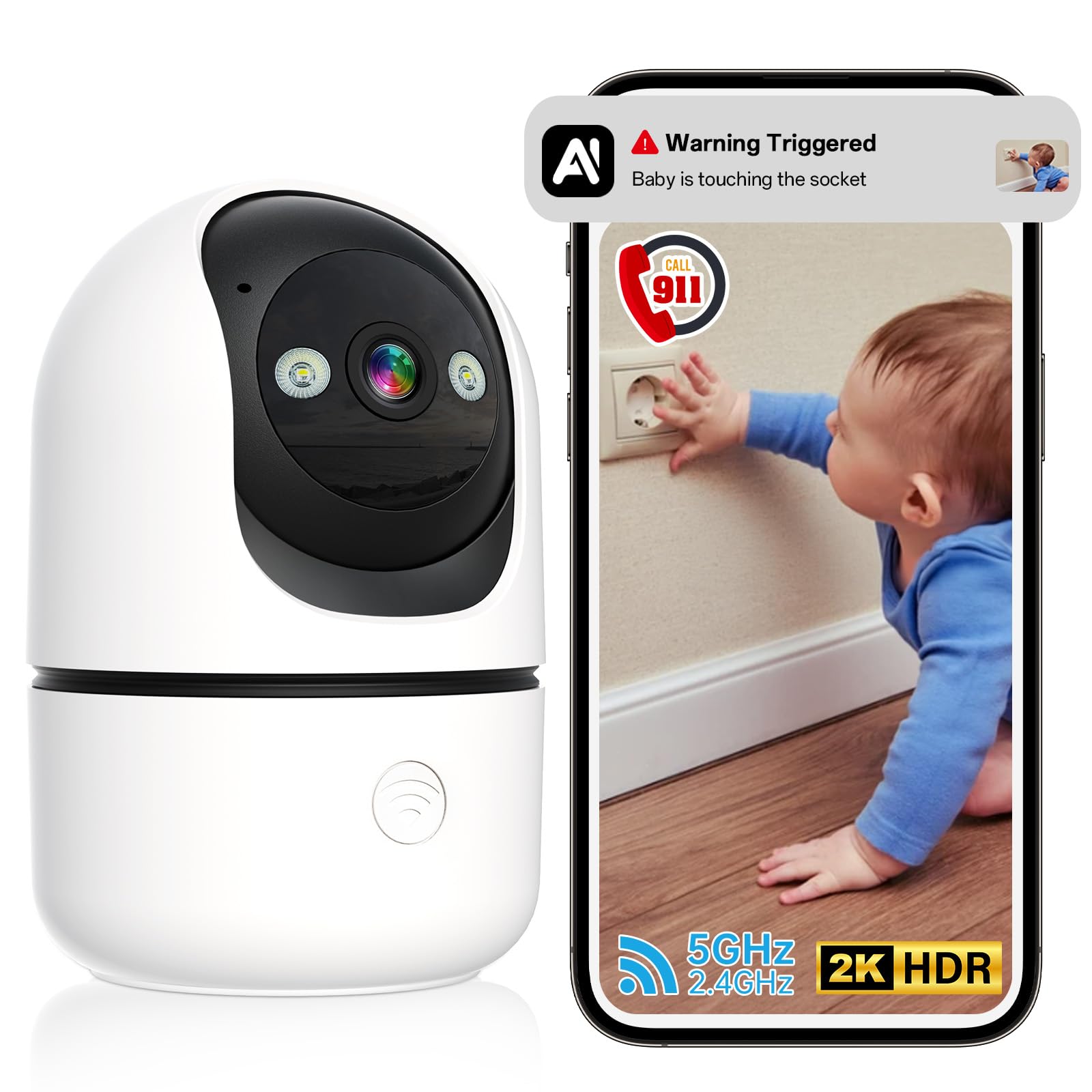 Indoor Security Camera - 5G&amp;2.4G WiFi Cameras for Home Security Indoor 911 Alert, 2K 360°Pan/Tilt AI Motion Detection Nanny/Baby/Pet/Dog Camera with Phone App/Speaker/US Cloud/IR Night Version