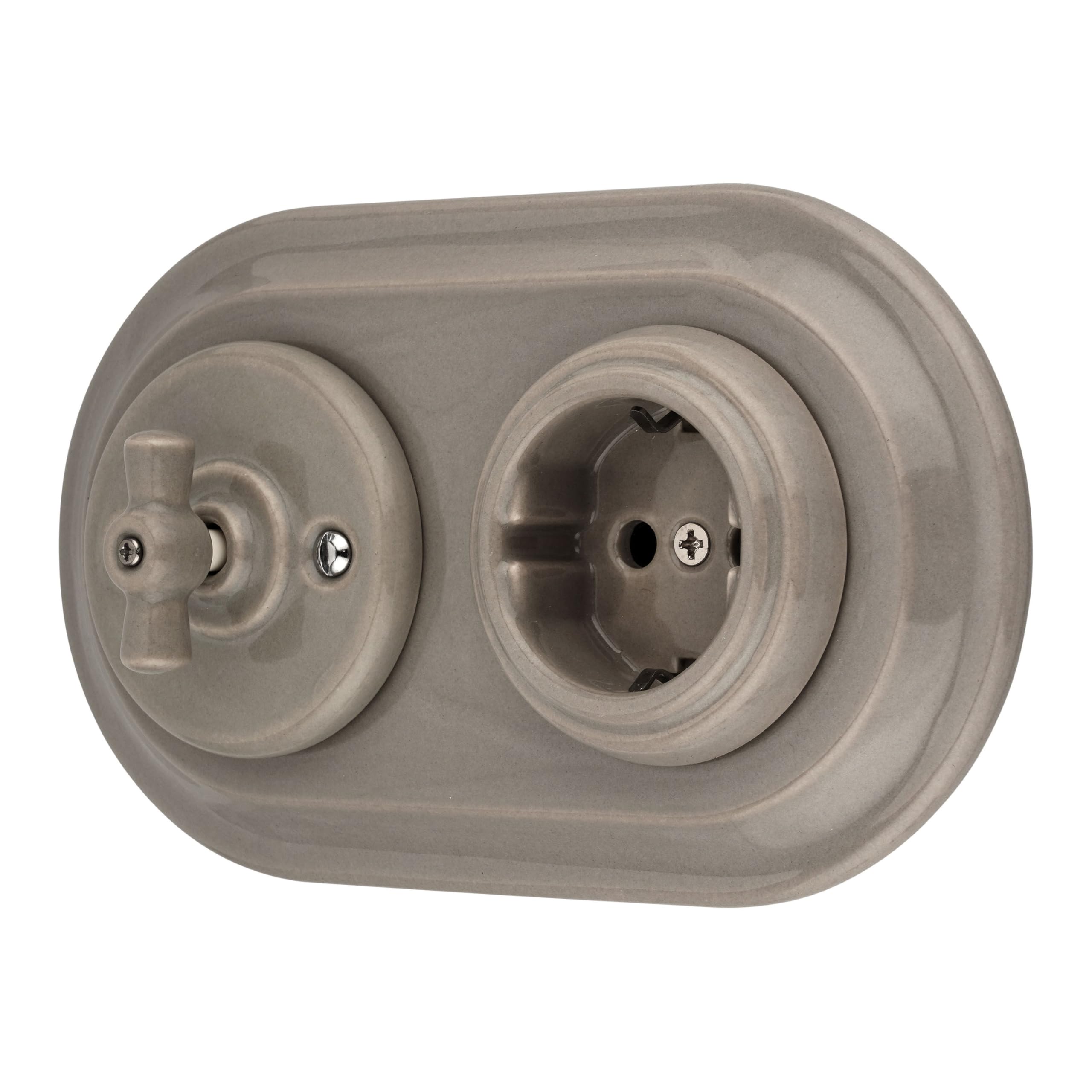 Unterputz Porzellan Retro Steckdose, Rotary Schalter, 2-fach, All-in-One, SET Serie PR1 graubeige