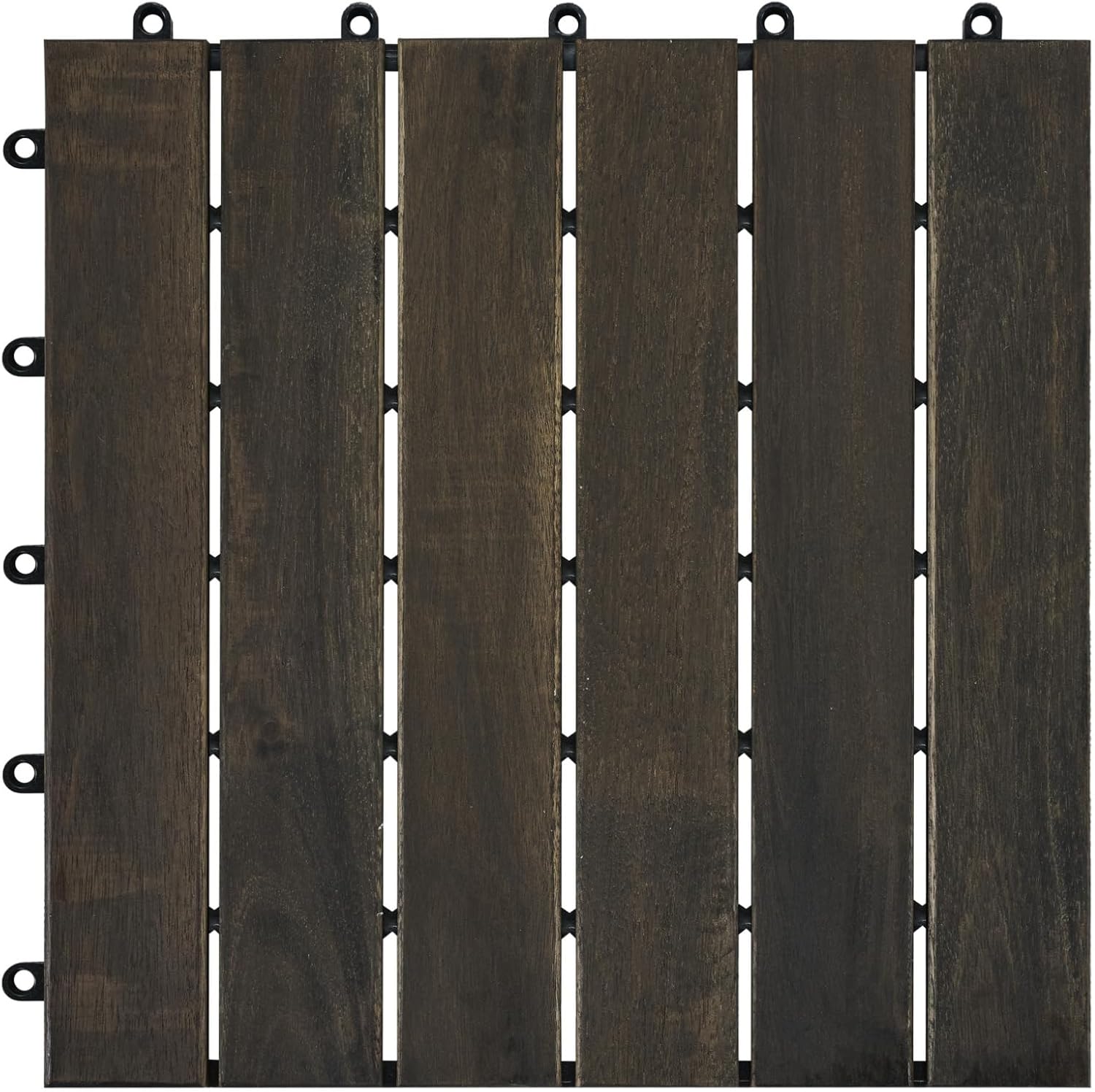 30 Pcs Outdoor Interlocking Deck Tiles, 12"x12" Acacia Wood Tiles for Patio, Porch, Balcony & Poolside, Striped Pattern,Dark Brown