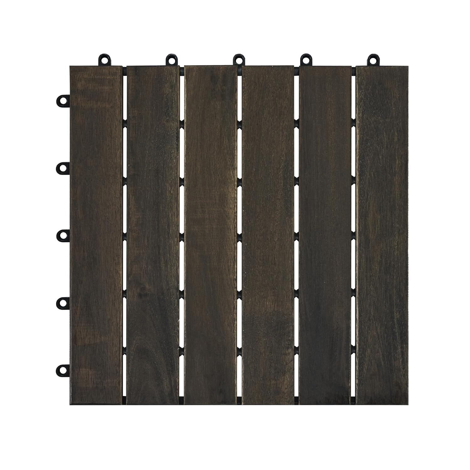 10 PCS Dark Brown Interlocking Deck Tiles - Stylish Striped Pattern, 12" x 12" Acacia Wood Outdoor Flooring for Patios, Balconies & Poolside