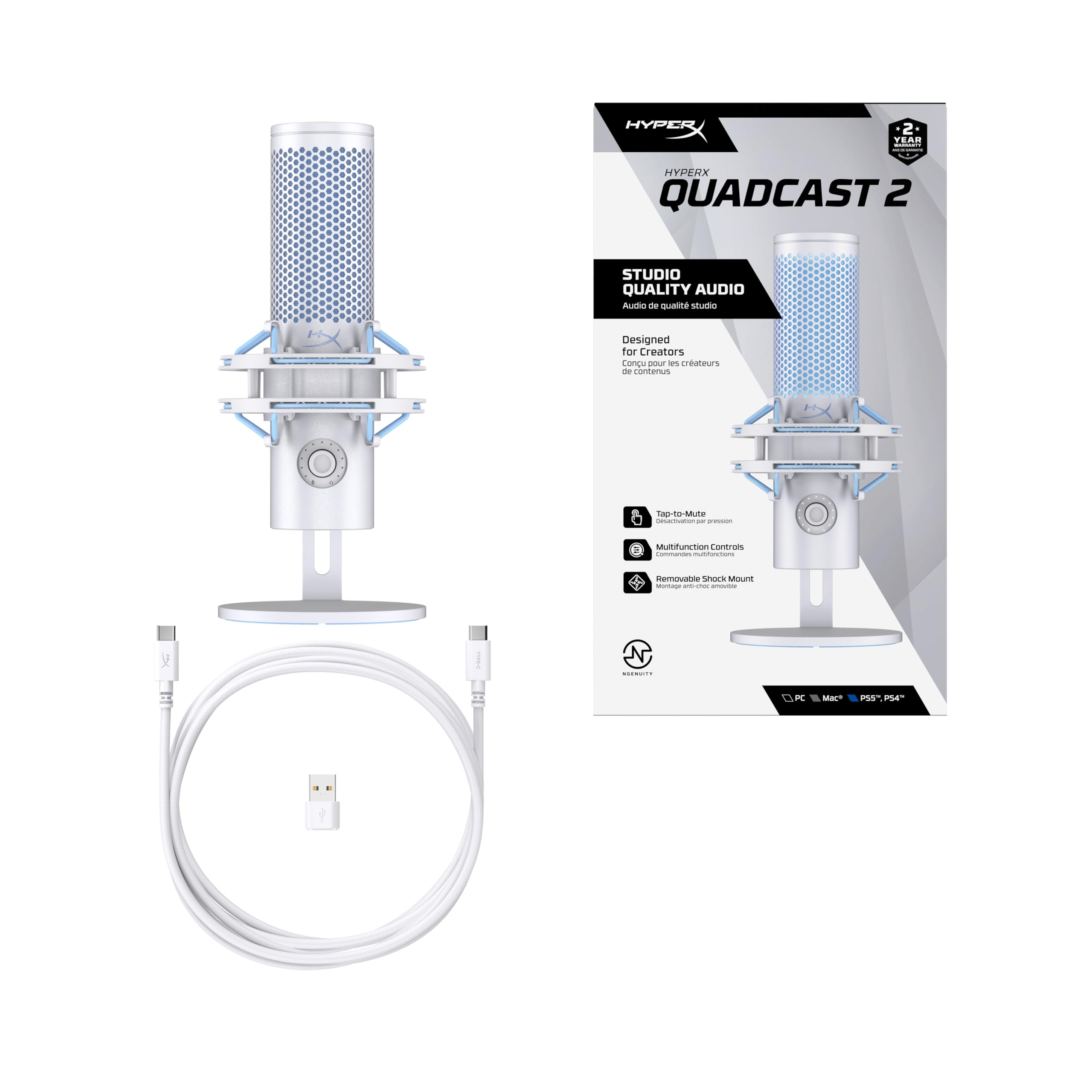 HyperX QuadCast 2, Microphone USB à condensateur pour Gaming/Streaming/Podcast, 4 directivités, Commandes intégrées, éclairage LED, Support Anti Choc Amovible, PC/Mac/PS5/PS4, USB-C, Blanc