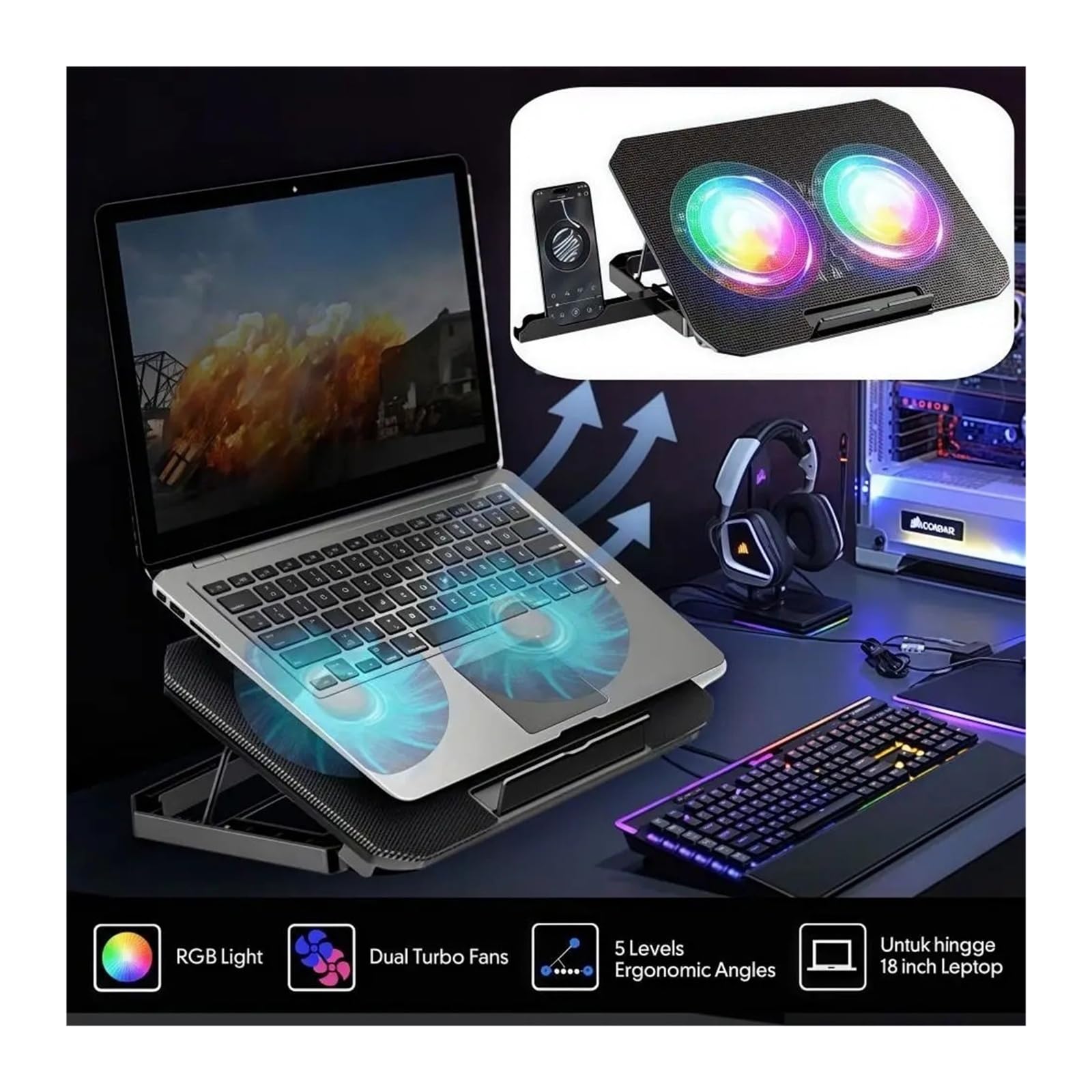 Enfriador de portátil con Dos Ventiladores, Almohadilla de refrigeración Grande RGB Ajustable, Soporte for teléfono, Base de refrigeración for portátil con Ajuste de 7 velocidades(RGB Two Fan)
