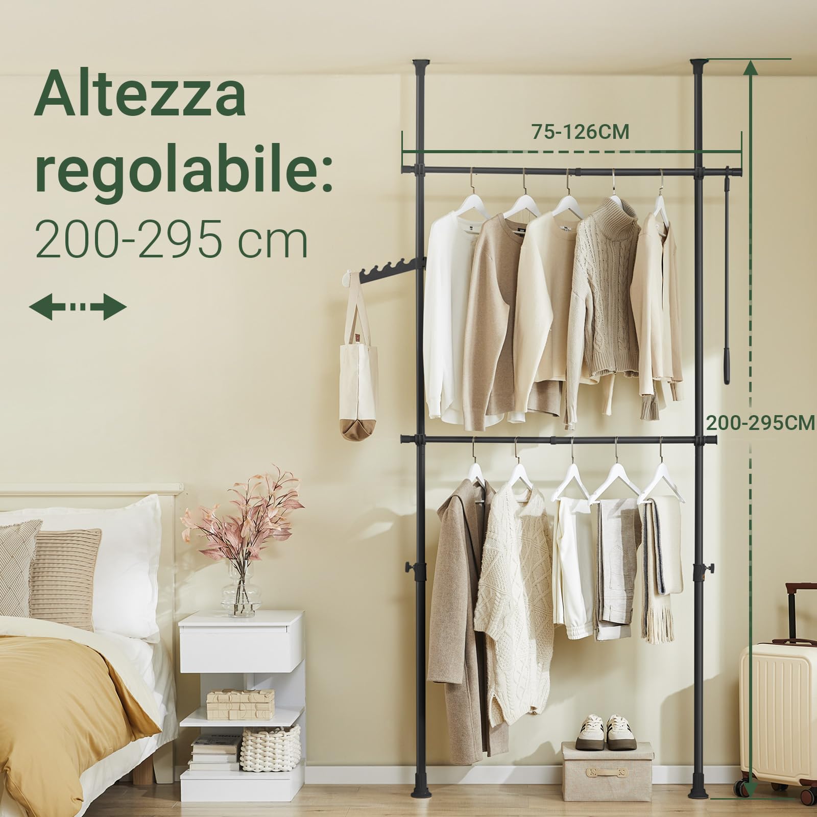SoBuy Appendiabiti Telescopico, Stand Appendiabiti Robusto, Guardaroba Aperto Regolabile con Barre Appendiabiti per Camera da Letto, Cabina Armadio, Nero FRG109-II-SCH
