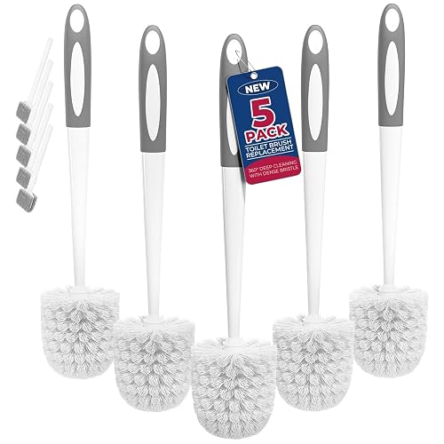 Holaloha Toilet Bowl Brush for Replacement, 5 Pack, White | Bathroom Accessories, Ergonomic Silicone Handle, Dense Bristles, Deep Cleaning, Scrubber, with 5 Groove Gap Brushes