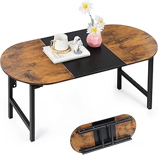 Folding Coffee Table for Living Room, Small Oval Center Table Leg Latches Portable Table Industrial Coffee Tables for Smal...
