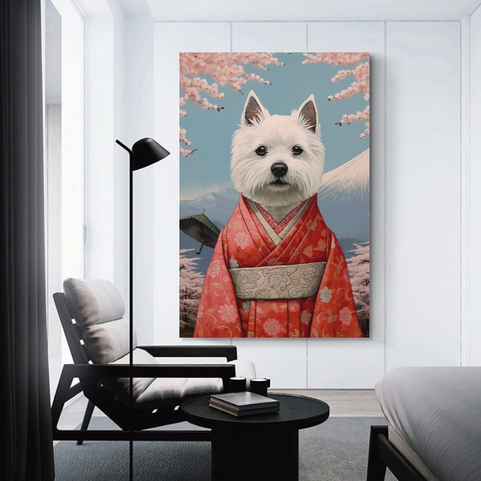 Junmoney Wall Picture Print Westie Geisha, 24x36inch(60x90cm), for Hallway, Bedroom Or Modern Interiors, Thoughtful Wall Decor for Art Lovers