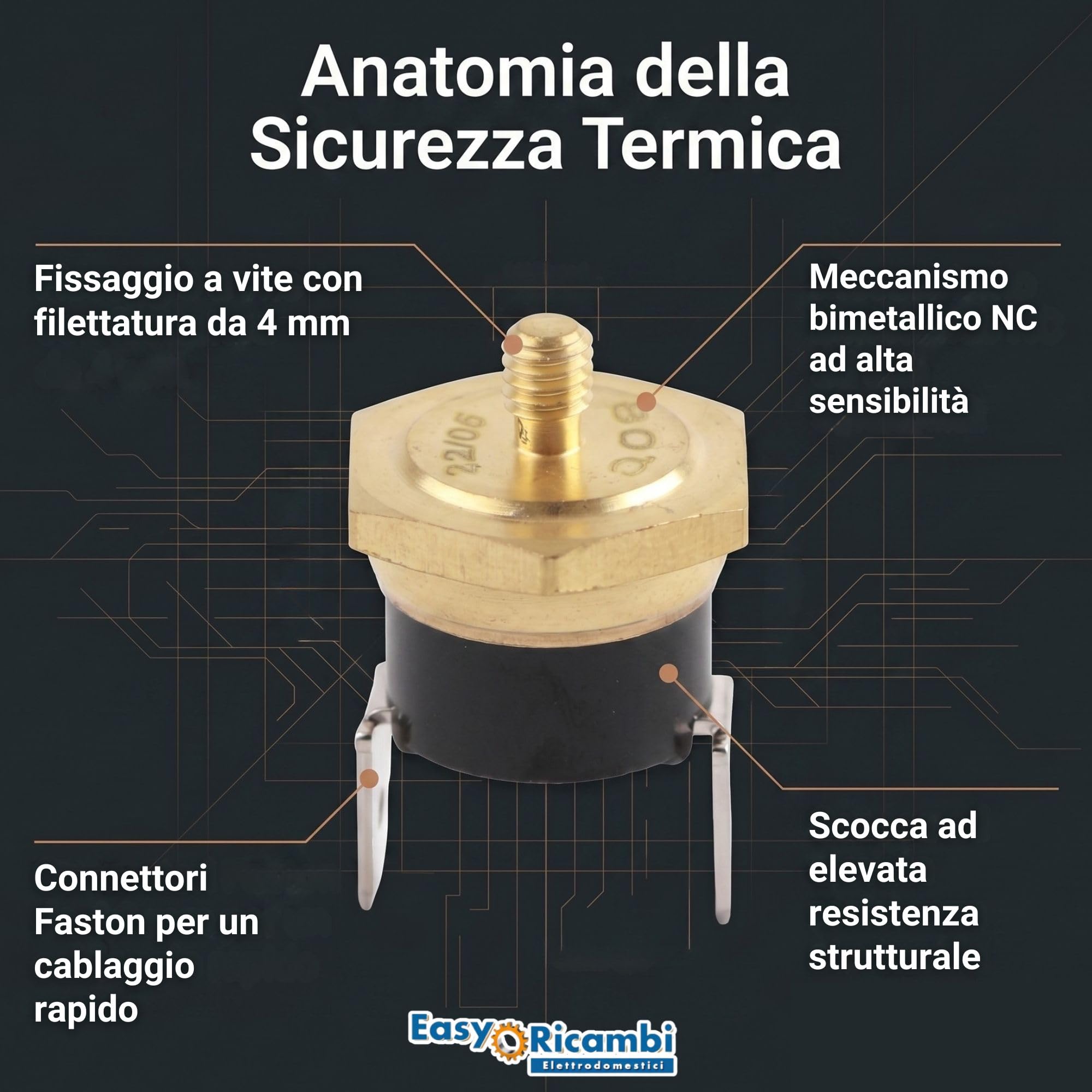 Easyricambi - Termostato Bimetallico, Interruttore Termico a Scatto 98°C NC (NORMALMENTE Chiuso) Testa a Vite con FASTON 4,8mm per Collegamento Rapido, 10A 230V