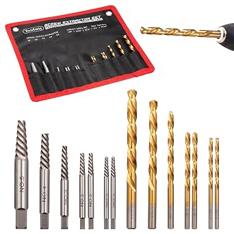 Toolwiz Easy Out Screw Extractor Set 14PCS Broken Bolt Extractor Kit with HSS Left Handed Drill Bits for Removing Stripped Screws, Broken Bolts, Damaged Nuts Easy Out Set with Canvas Bag