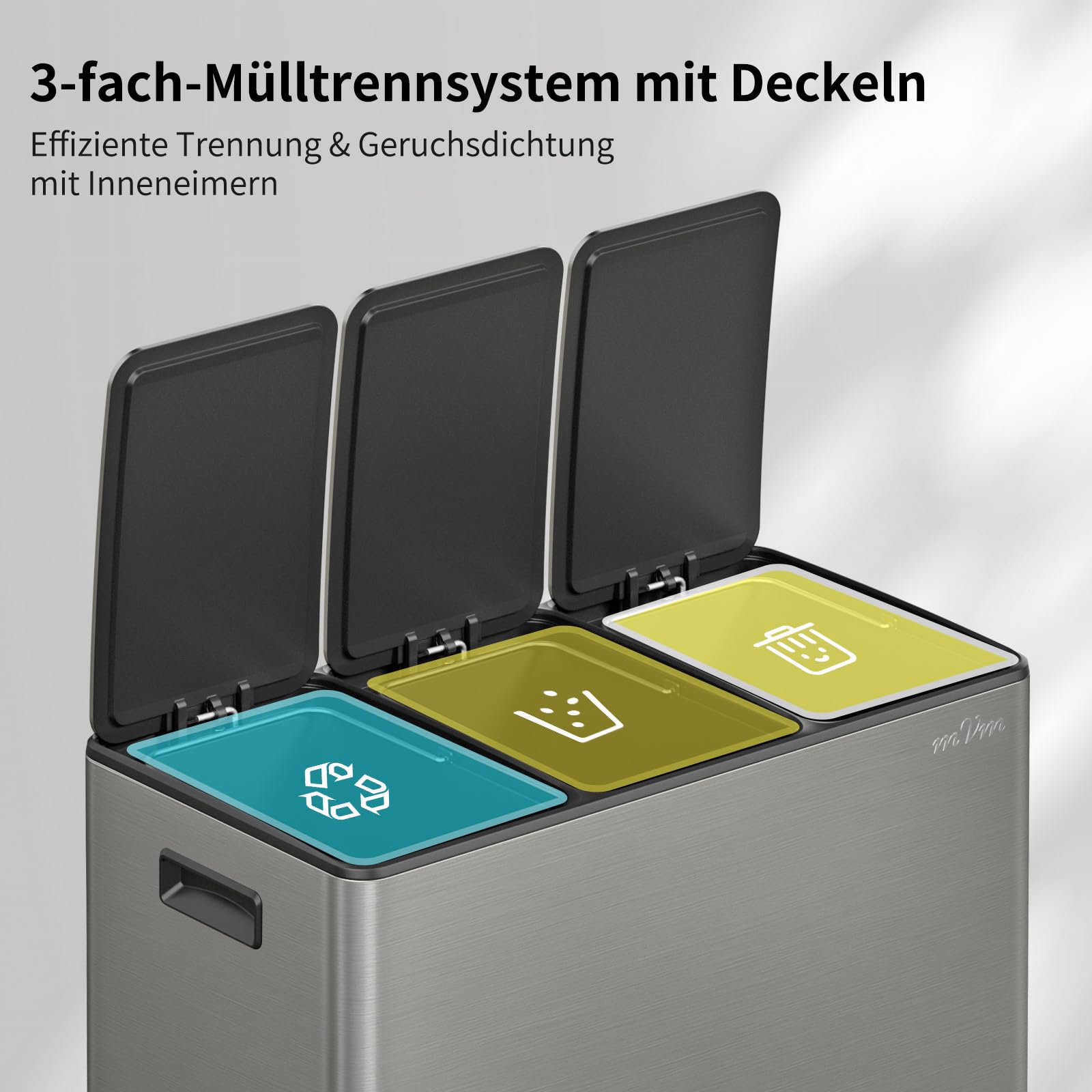 mVm Mülleimer Küche,45 Liter Treteimer,3 x 15 Liter Treteimer, 3 Fächer, Mülltrennsystem, Abfalleimer Küche mit Inneneimer aus Kunststoff,Metall,Klappdeckel, Softclose, Luftdicht