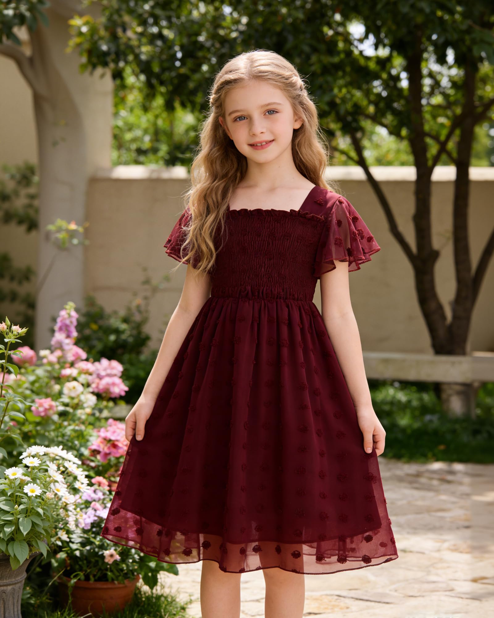 Kids4ever Vestido de gasa para niñas de 6 a 12 años con pompones sólidos y volantes de manga corta para niños con cuello cuadrado
