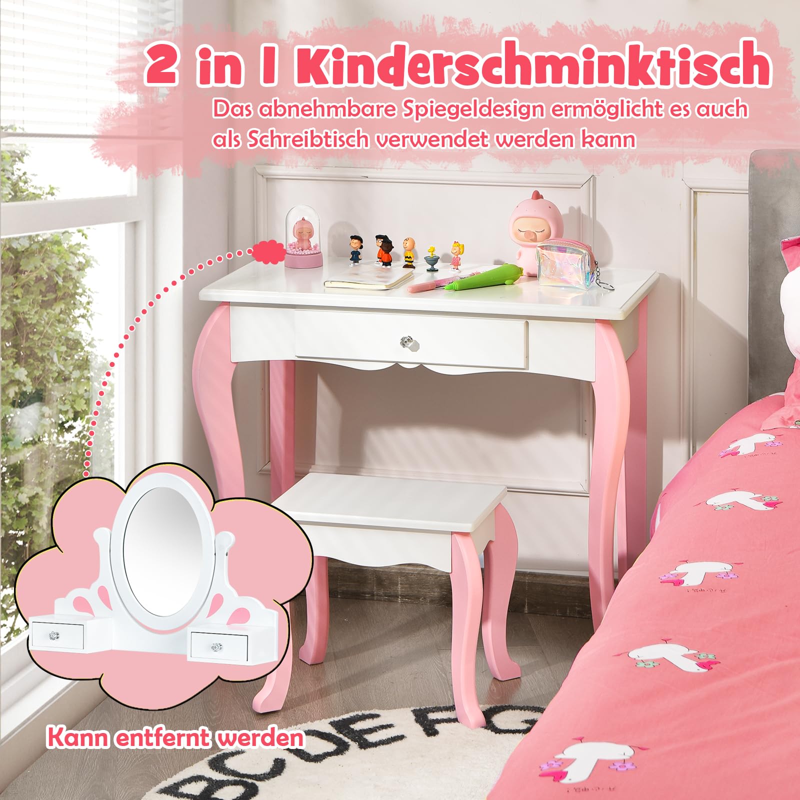 DREAMADE 2 in 1 Kinder Schminktisch mit Hocker & Abnehmbarer Spiegel, Prinzessin Frisiertisch Kosmetiktisch aus Holz, Kinderschminktisch mit 3 Schubladen für Kinder Mädchen ab 3 (Weiß)
