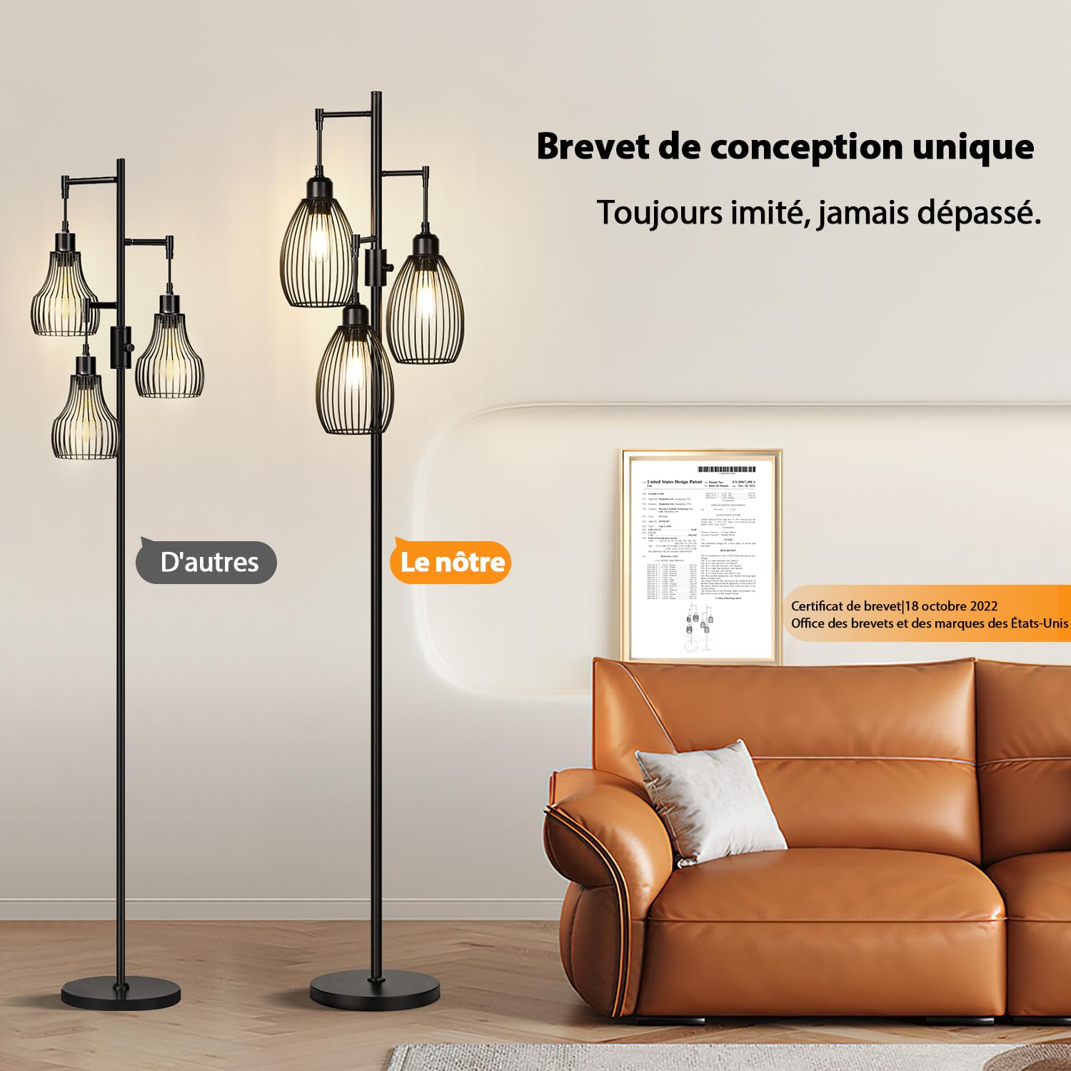 Nintiue Lampadaire sur pied avec variateur, 3 x ampoules LED 800 lm, cage en forme de larme, pour salon et chambre