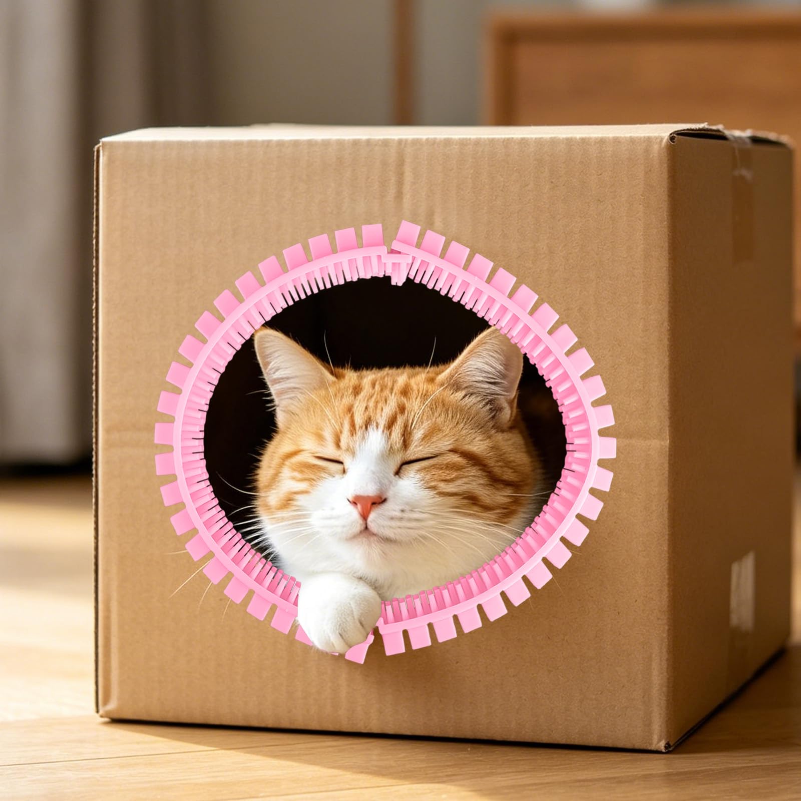 Cat Self Groomer Arch for Cardboard Boxes, DIY Tunnel Self-Grooming Brush Hole with Positioner Reduces Shedding Massage & Rubbing Toy for Indoor Cat Enrichment Fits Hideout Play Condo (Pink)