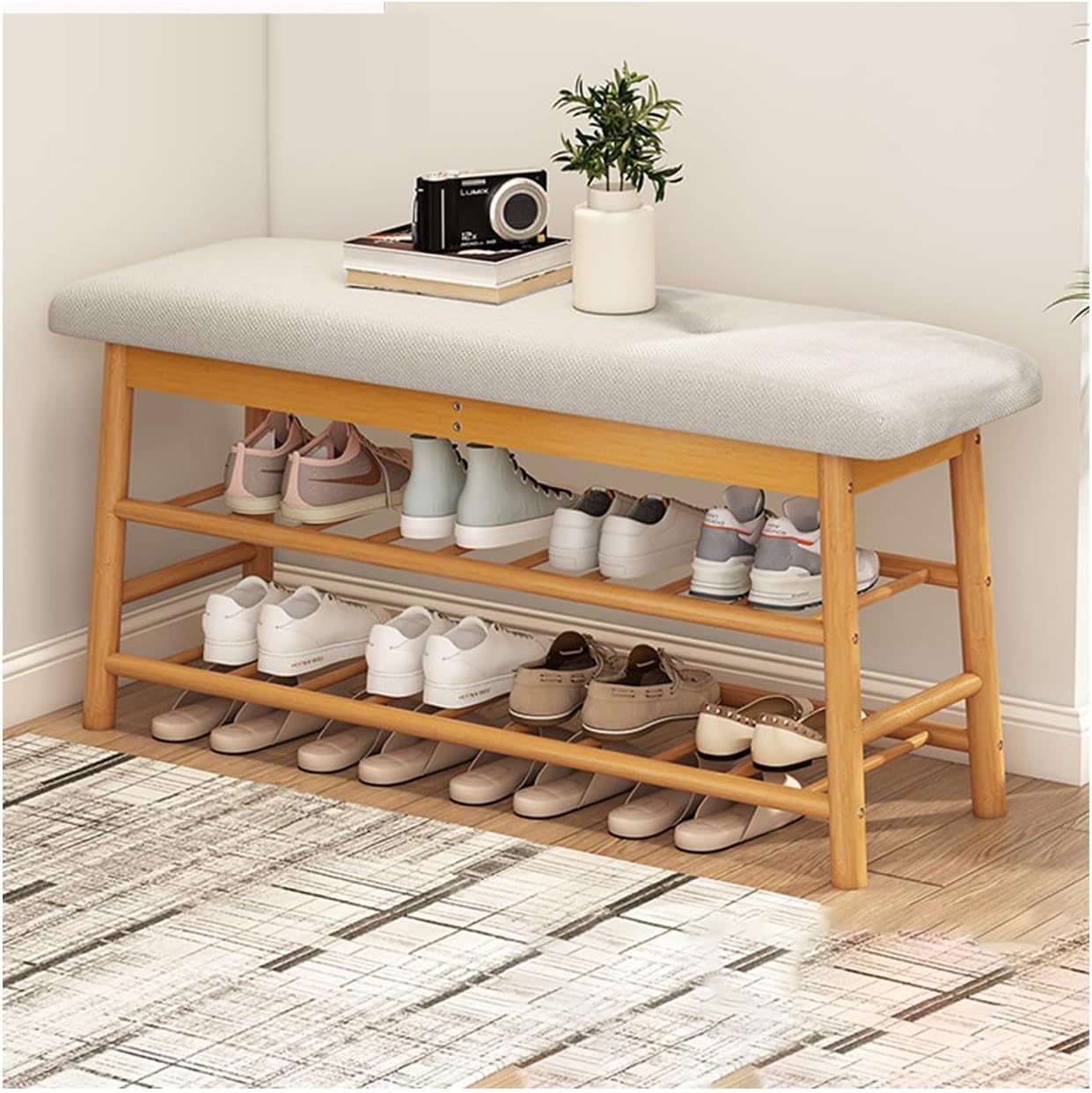 Bamboo Shoe Bench with Storage, 2-Tier Entryway nizer, Stylish Seating for Living Room & Hallway, Natural Color, 70/90x27x44CM - Modern Home Furniture