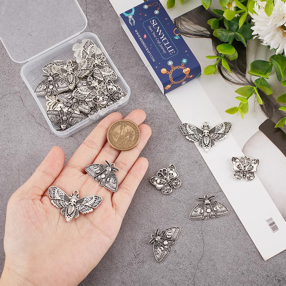 SUNNYCLUE 1 Box 24Pcs Moth Charms Halloween Antique Silver Skull Charms Gothic Style Moon Phase Moth Insect Charm Butterfly Skeleton Head Horror Charm for jewellery Making Charms DIY Craft Supplies - Image 3