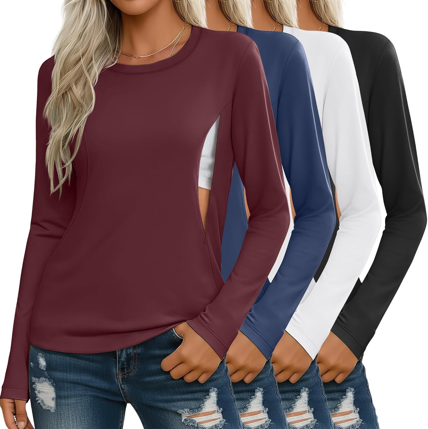 4 Pack Women's Nursing Breastfeeding Tops, Long Sleeve Maternity Shirts Loose Fit Hidden Zipper Pregnancy Clothes